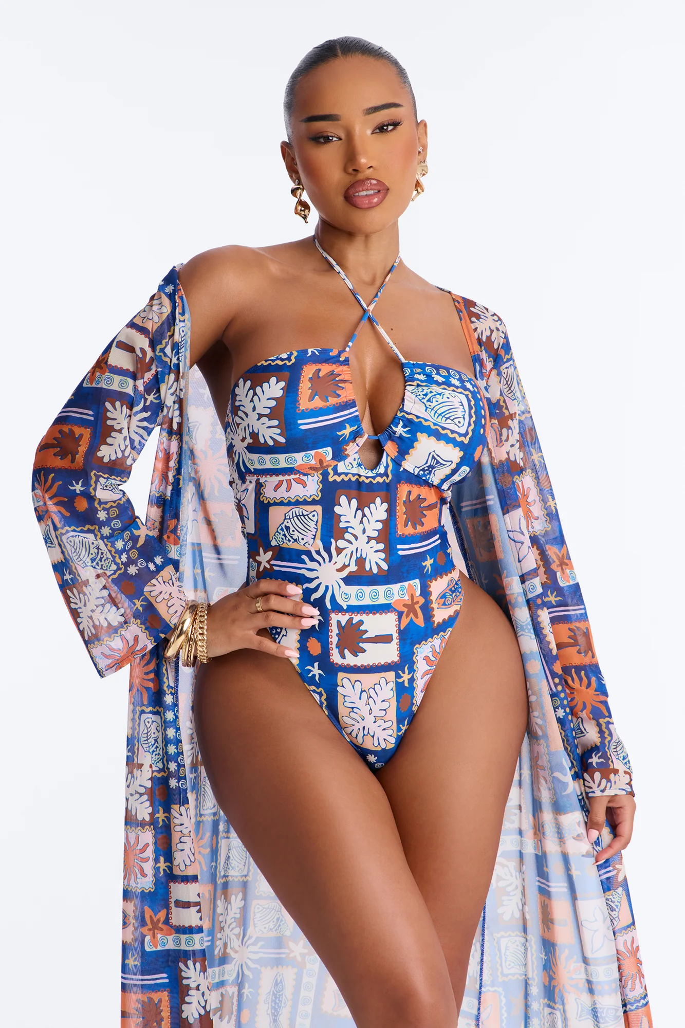 Monique Geometric Criss Cross Halter 2 Piece Bikini Kimono Set - Blue/combo - Image 3
