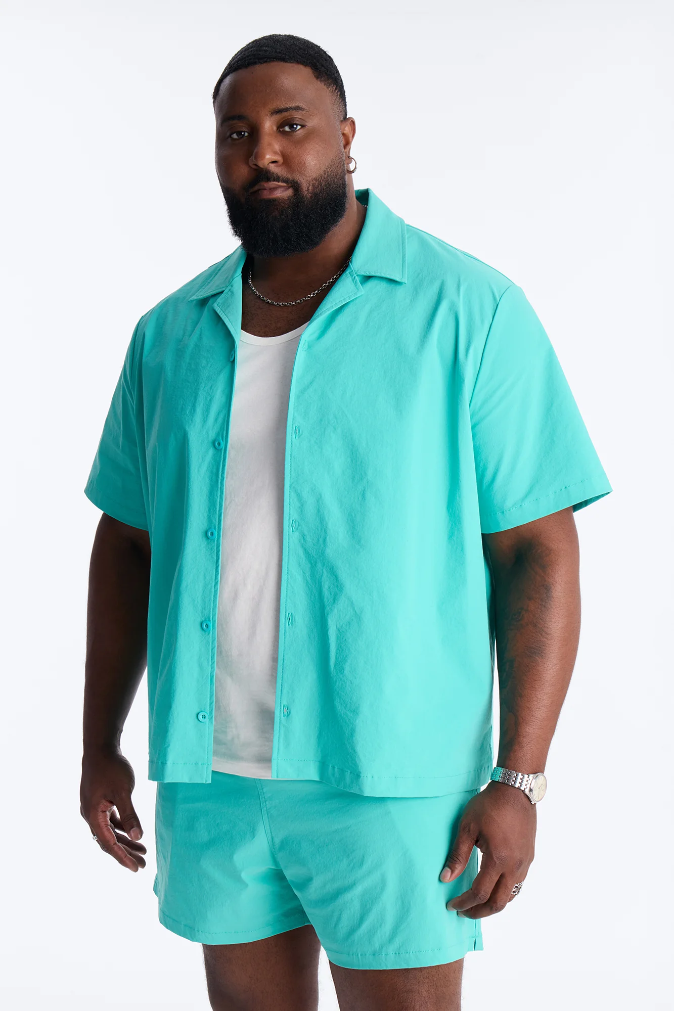 Montez Cuban Collar Button Up Shirt - Teal - Image 4