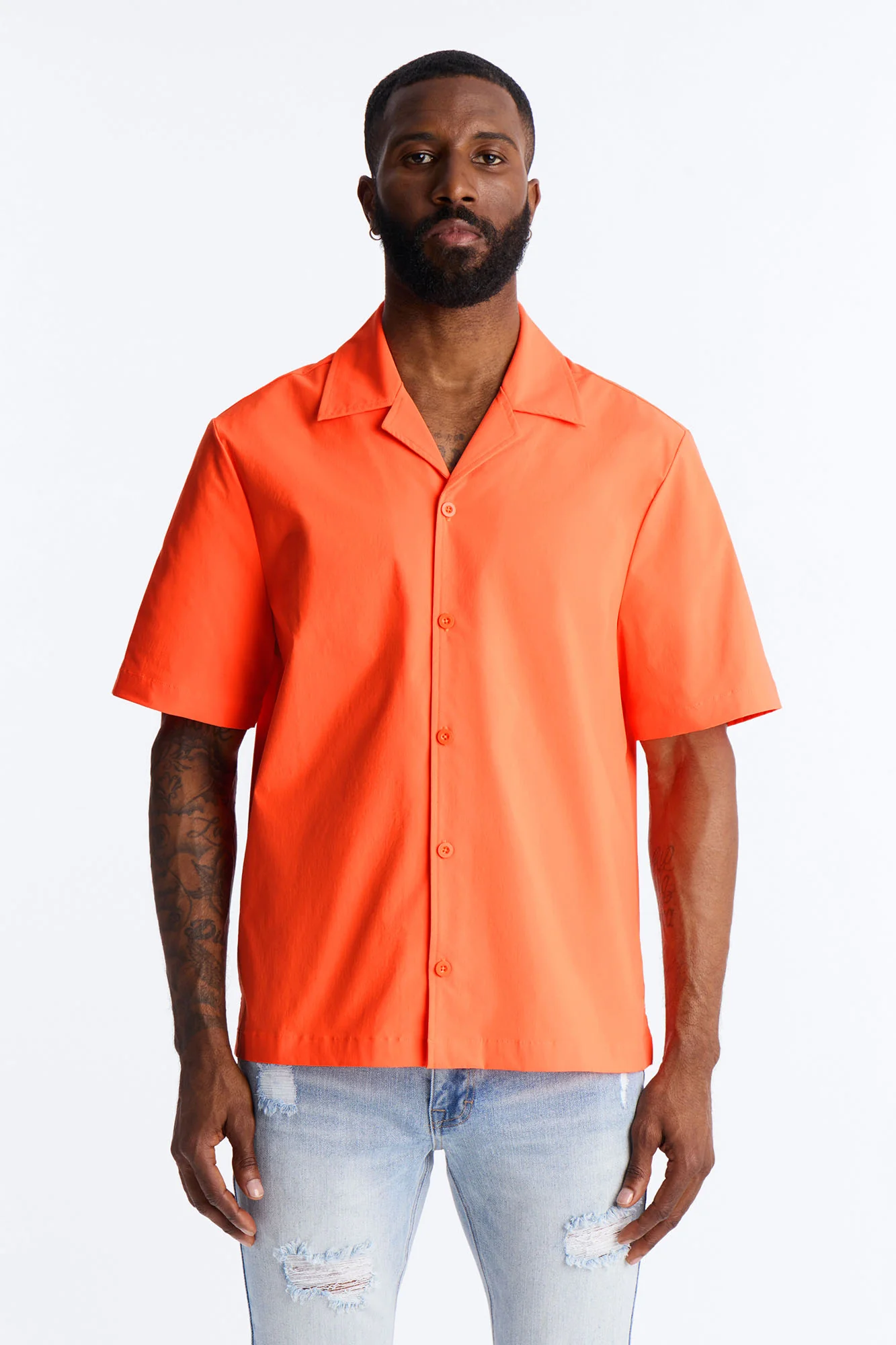 Montez Cuban Collar Button Up Shirt - Orange
