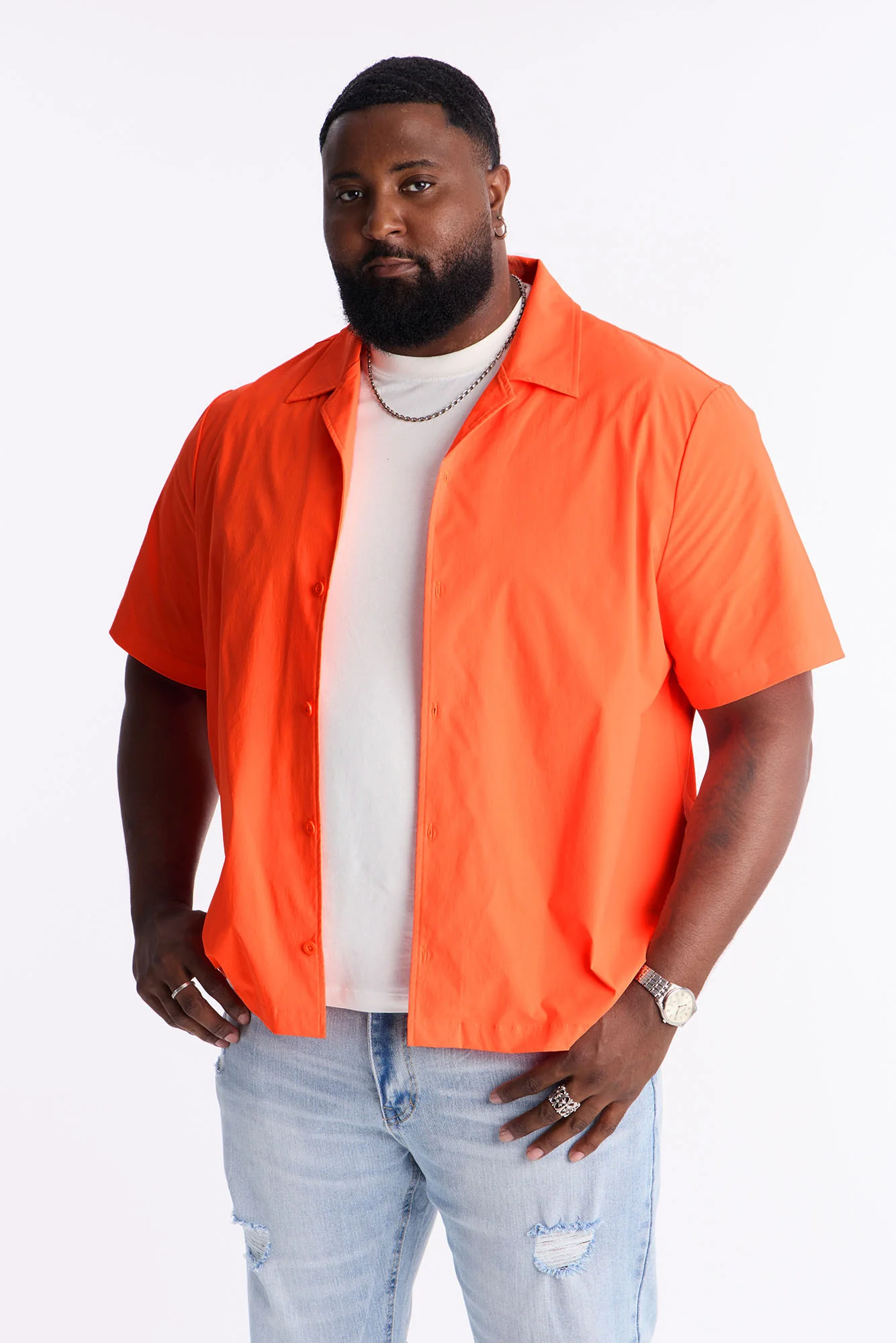 Montez Cuban Collar Button Up Shirt - Orange - Image 4