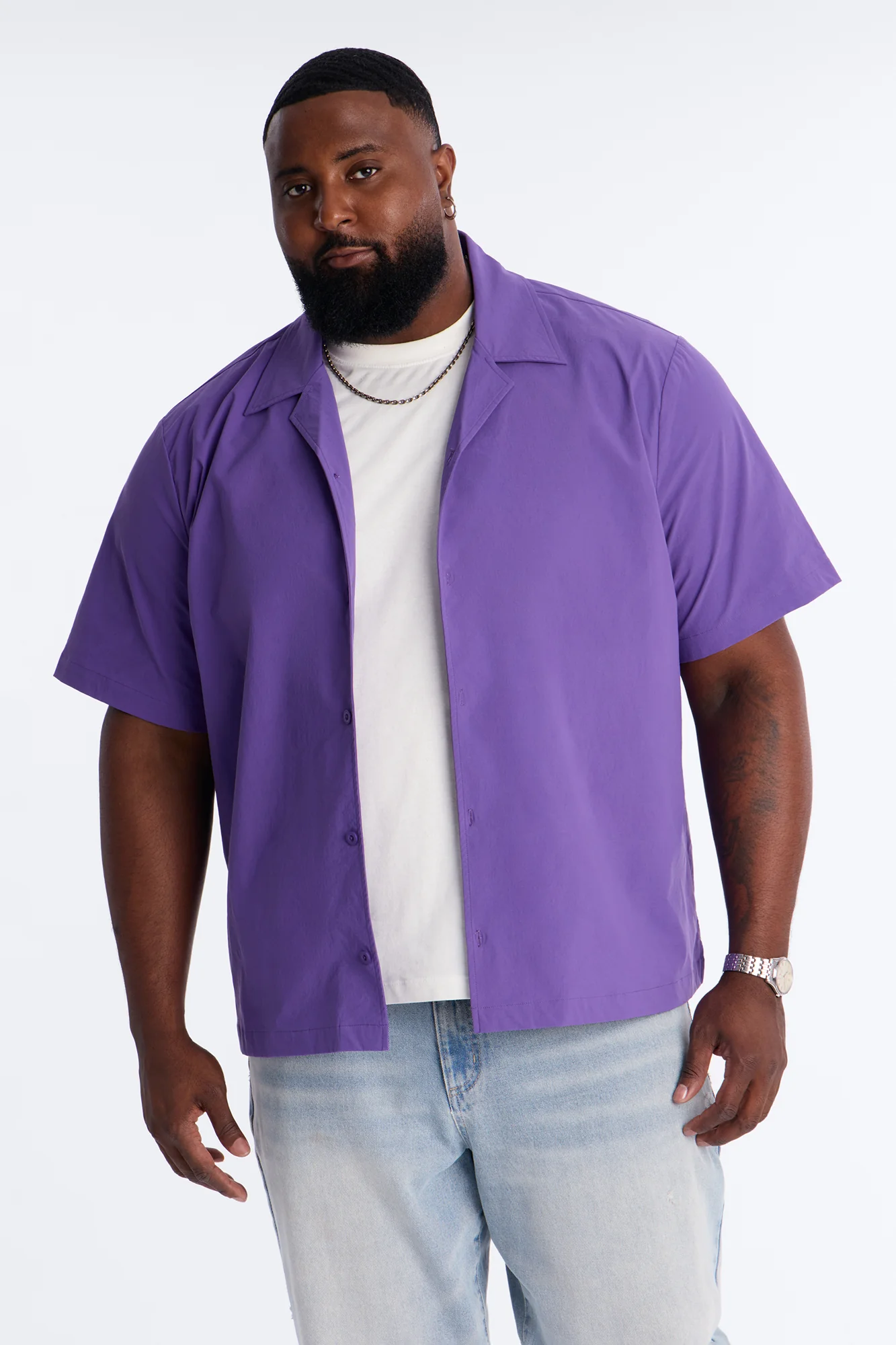 Montez Cuban Collar Button Up Shirt - Purple - Image 5