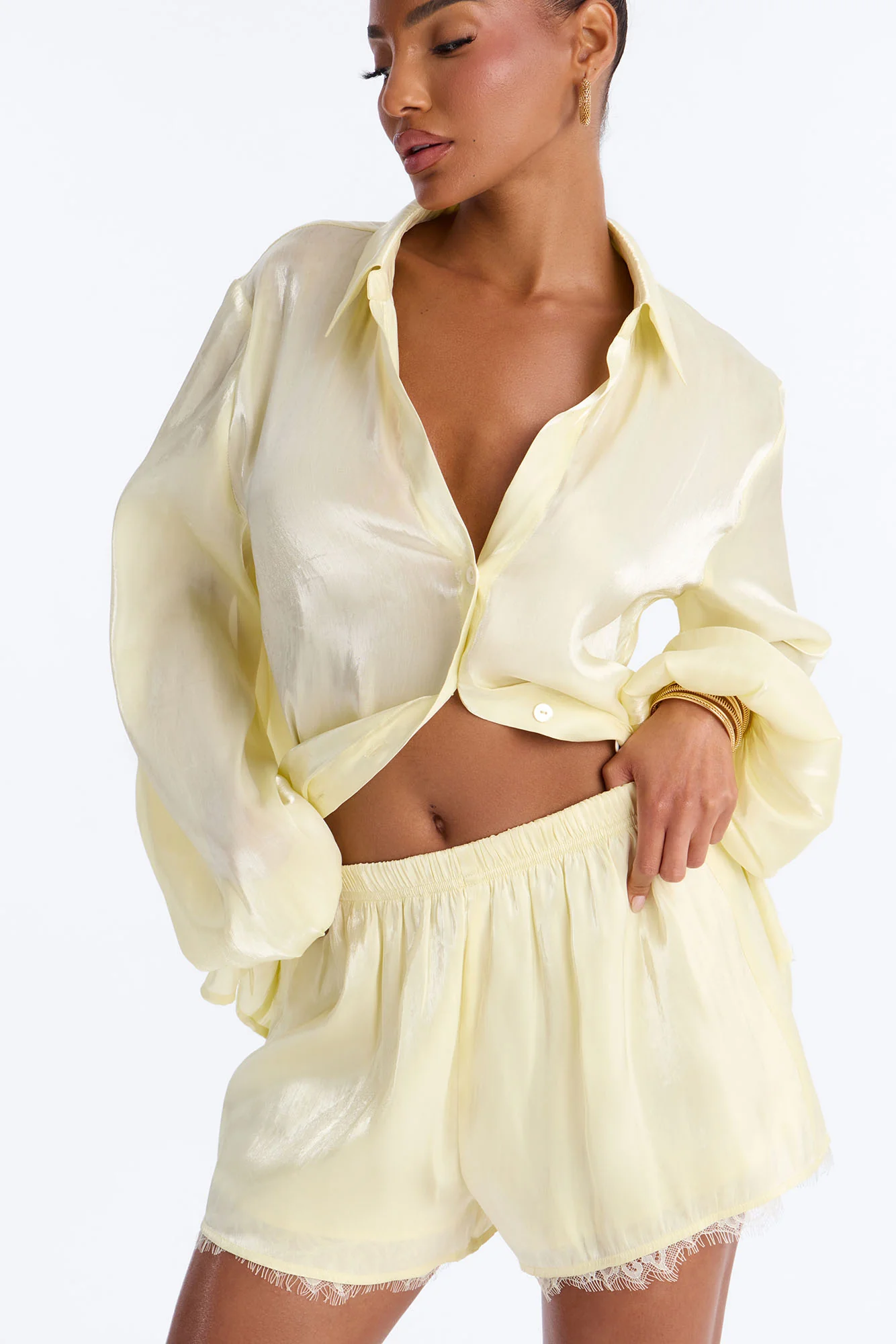 Morgan Organza Lace 3 Piece Short Set - Yellow - Image 4