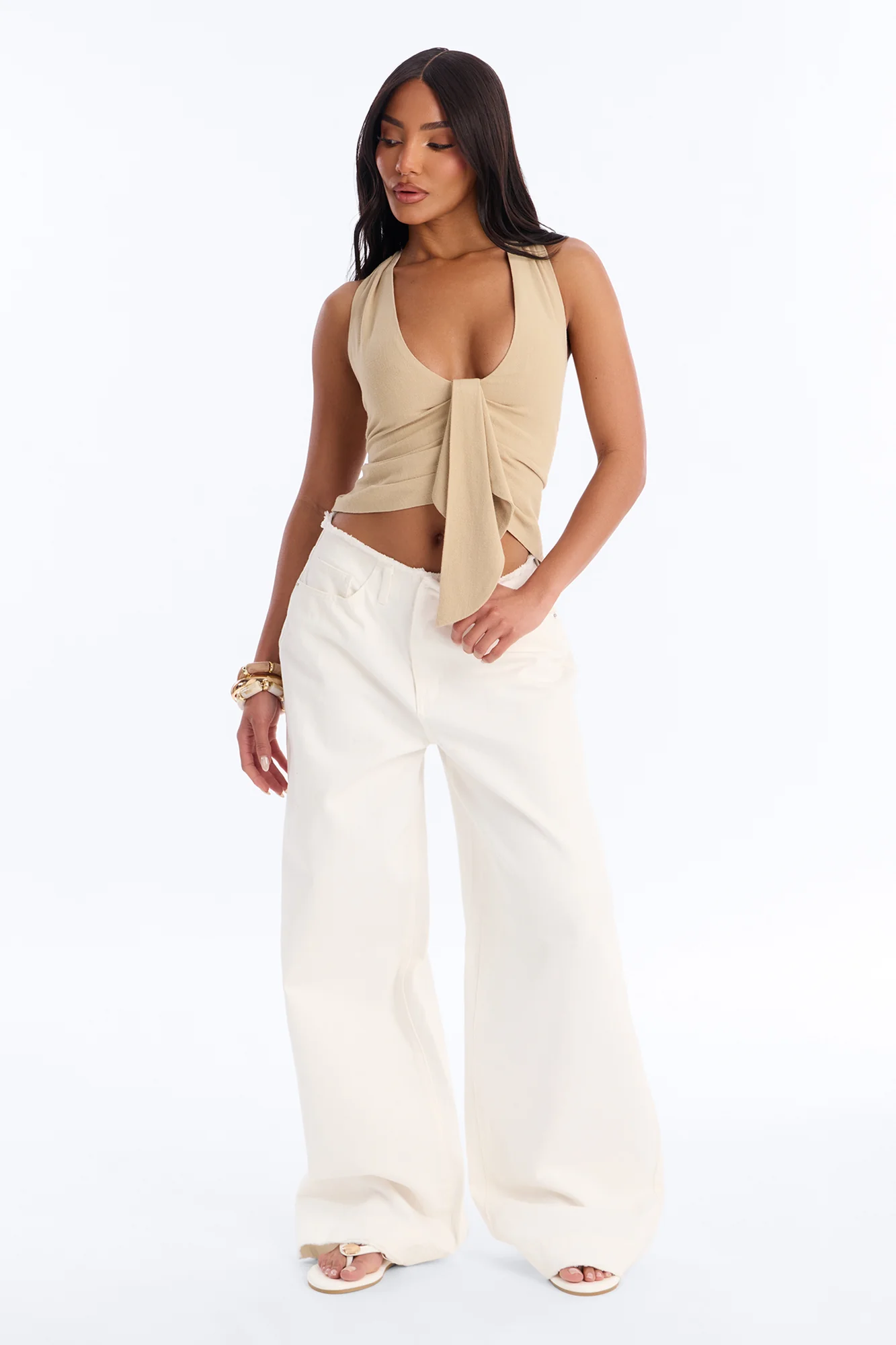 Morning Espresso Pleated Linen Top - Stone - Image 2