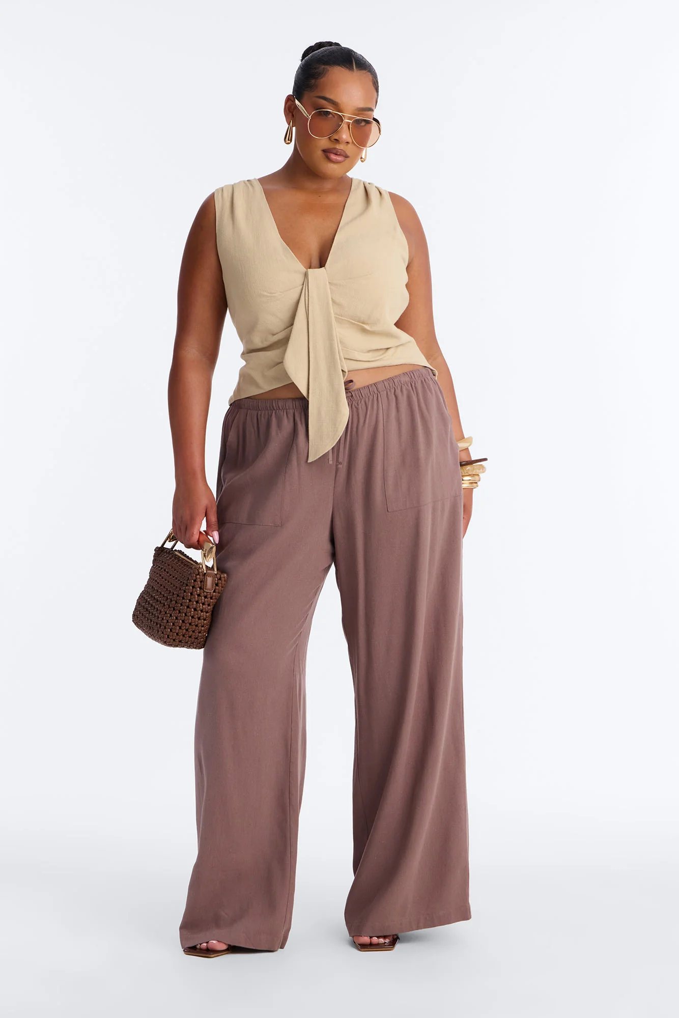 Morning Espresso Pleated Linen Top - Stone - Image 5