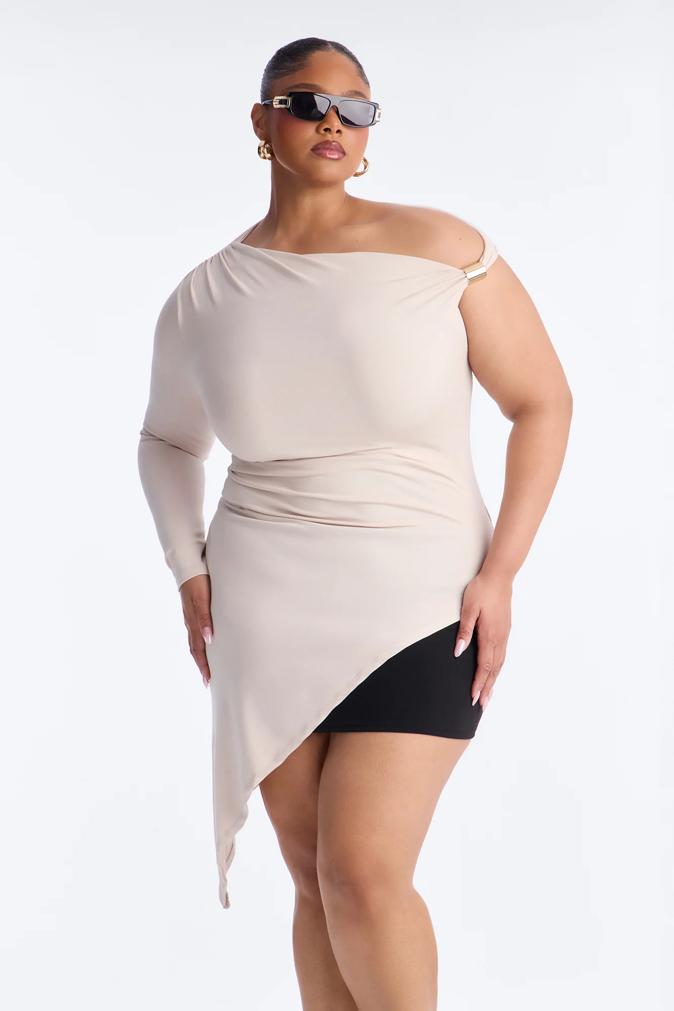 Moscow One Shoulder Asymmetrical Long Sleeve Top - Stone - Image 5