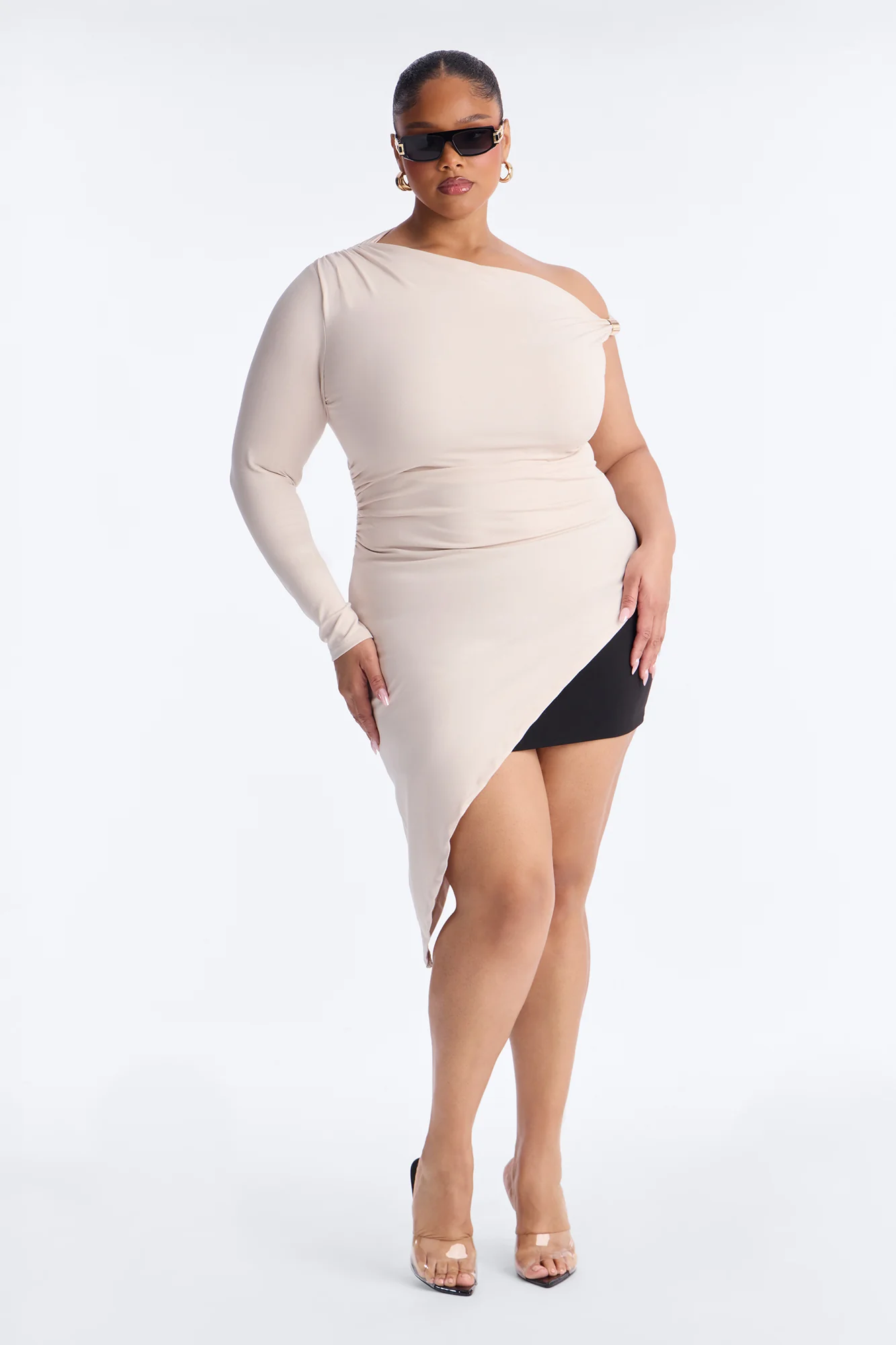 Moscow One Shoulder Asymmetrical Long Sleeve Top - Stone - Image 6