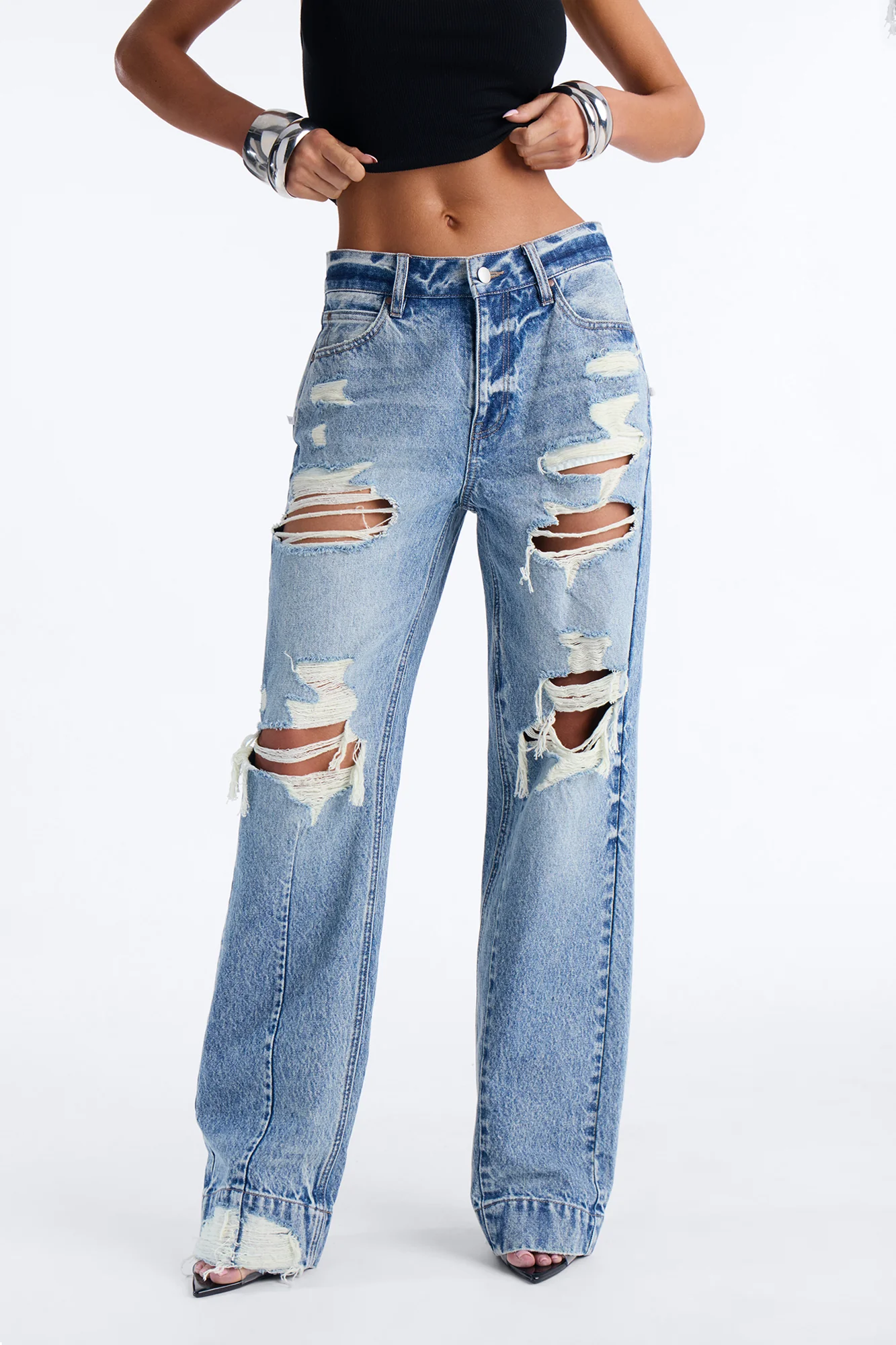 Move Up Premium Tinted Ripped Straight Leg Jeans - Medium Wash
