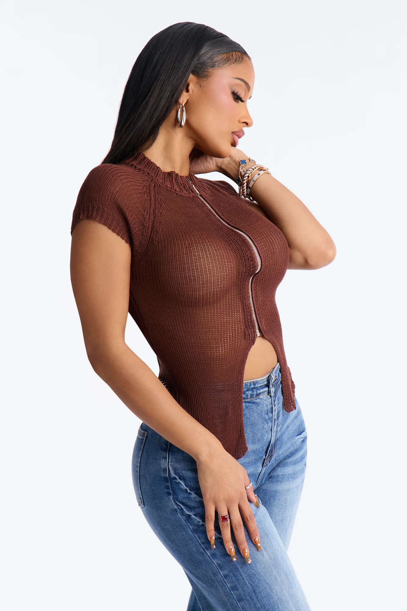 Movie Stars Front Zip CrochetTop - Chocolate