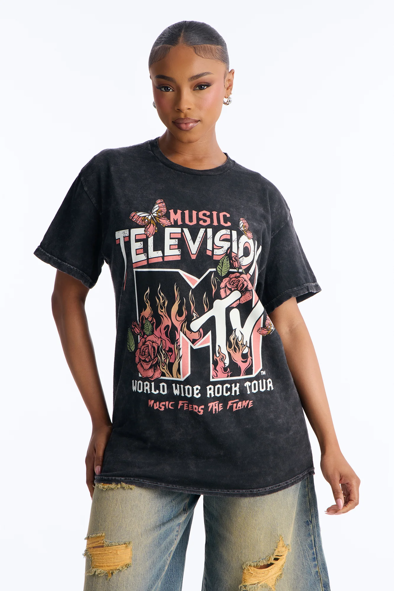 MTV Flames And Flowers Washed Tee - Black Wash