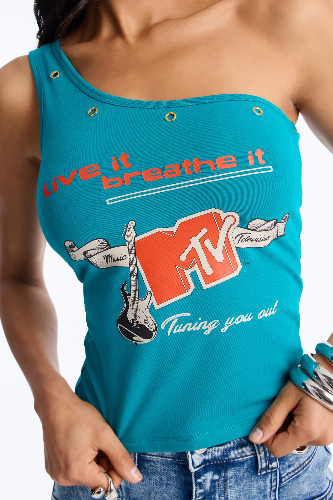 MTV One Shoulder Studded Tank - Teal - Image 3