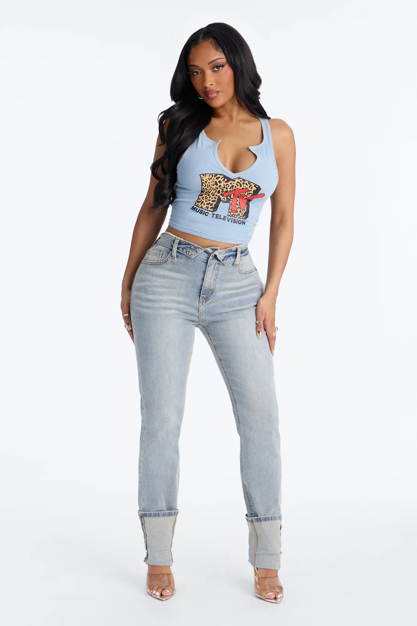 MTV Studded Notch Neck Tank - Dusty Blue - Image 2