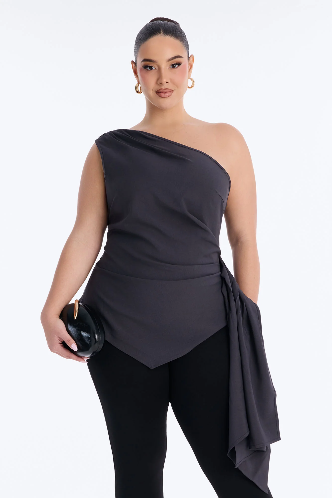 Muse In Motion One Shoulder Draped Top - Charcoal - Image 5