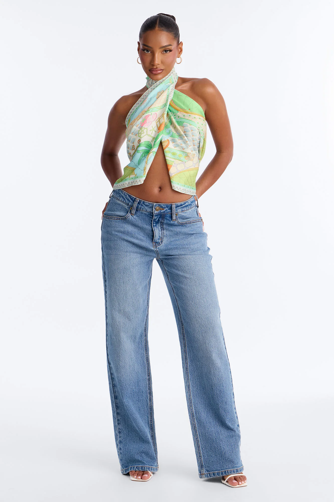 Muse With A View Mock Neck Satin Scarf Top - Multi Color - Image 2