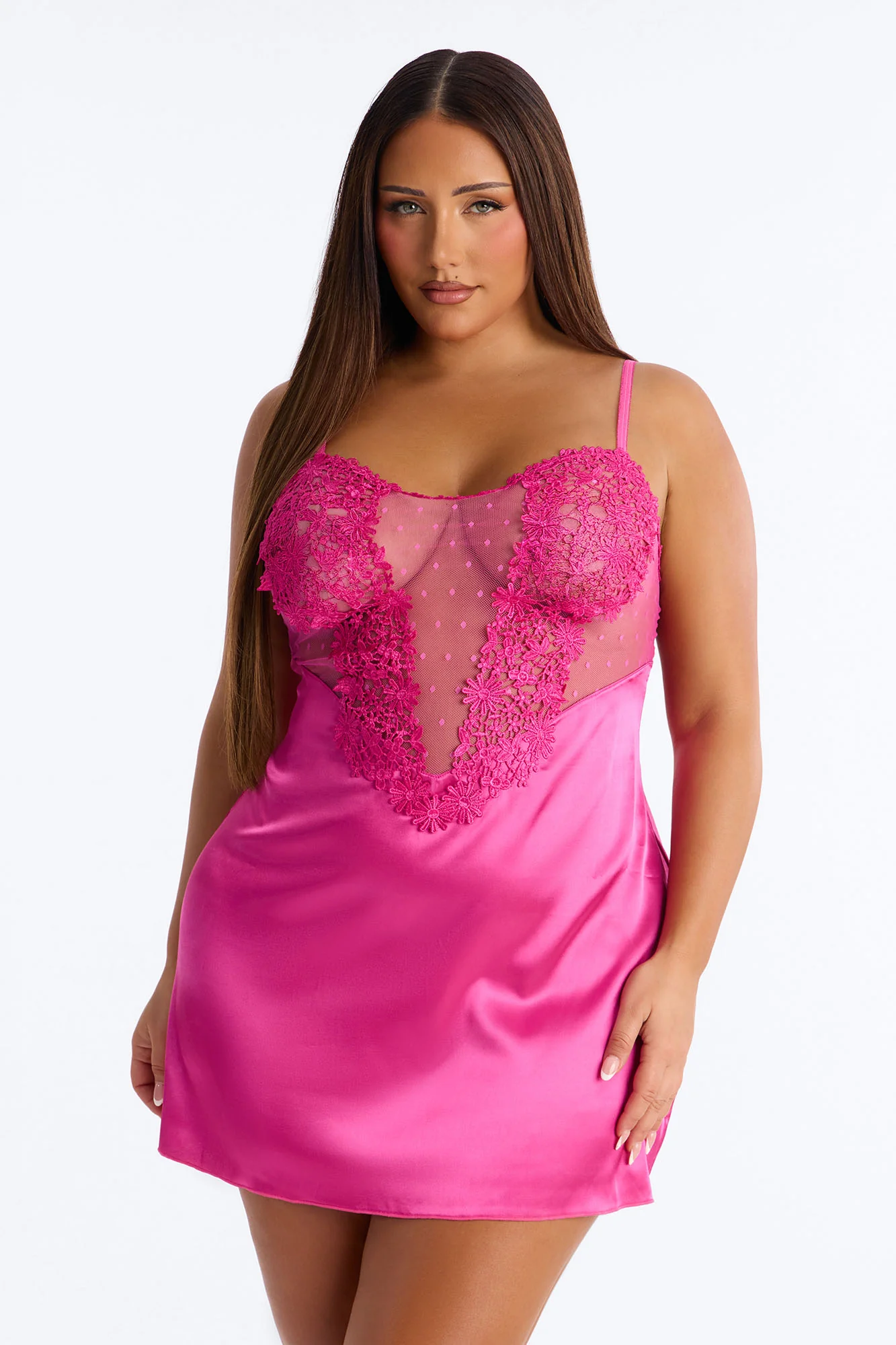 My Amour Satin Mesh Babydoll - Magenta - Image 4