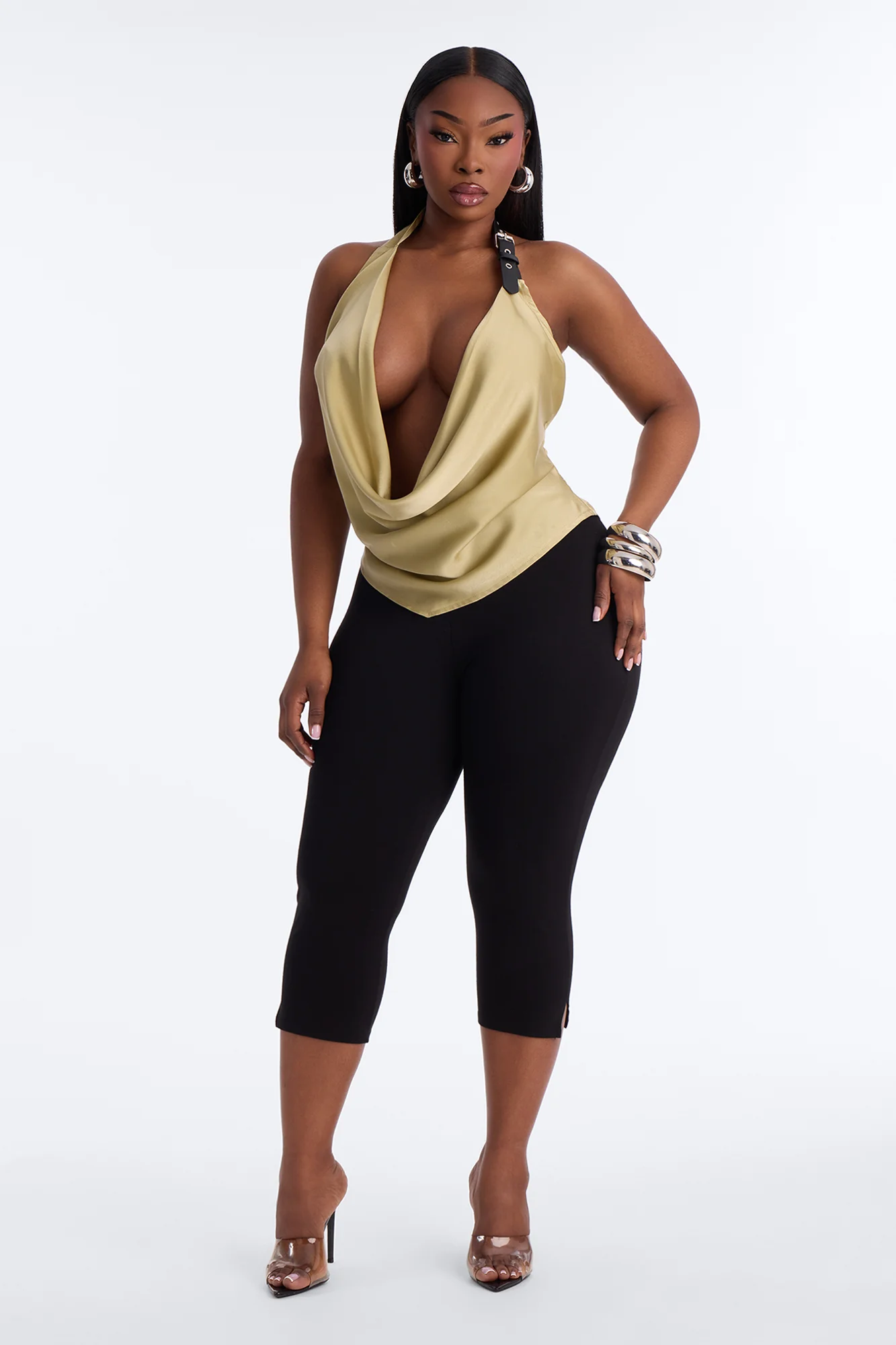 My Kind Of Night Belted Satin Halter Top - Sage - Image 6