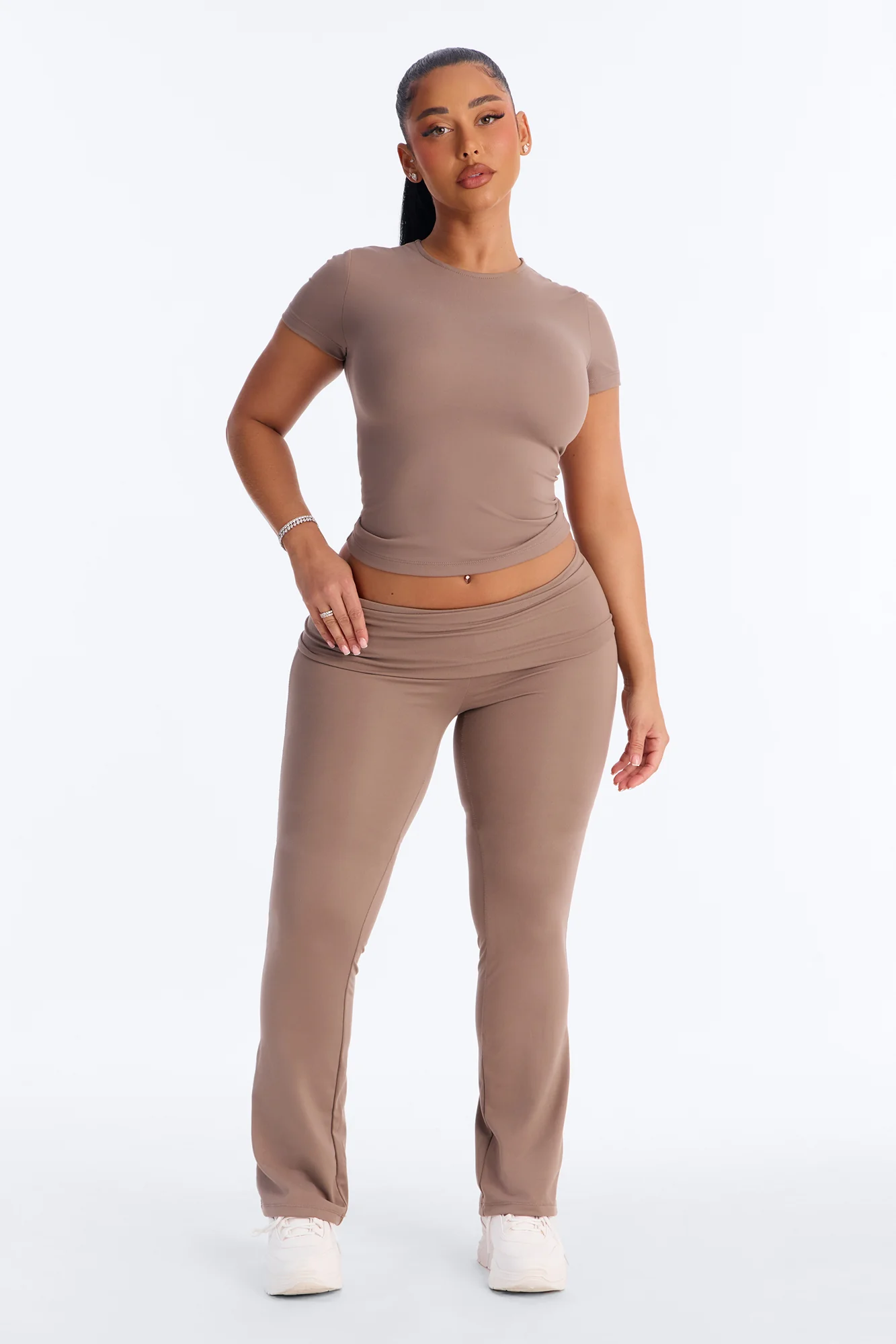 Myla Tricot Lounge Fold Over Flare Pants - Mocha