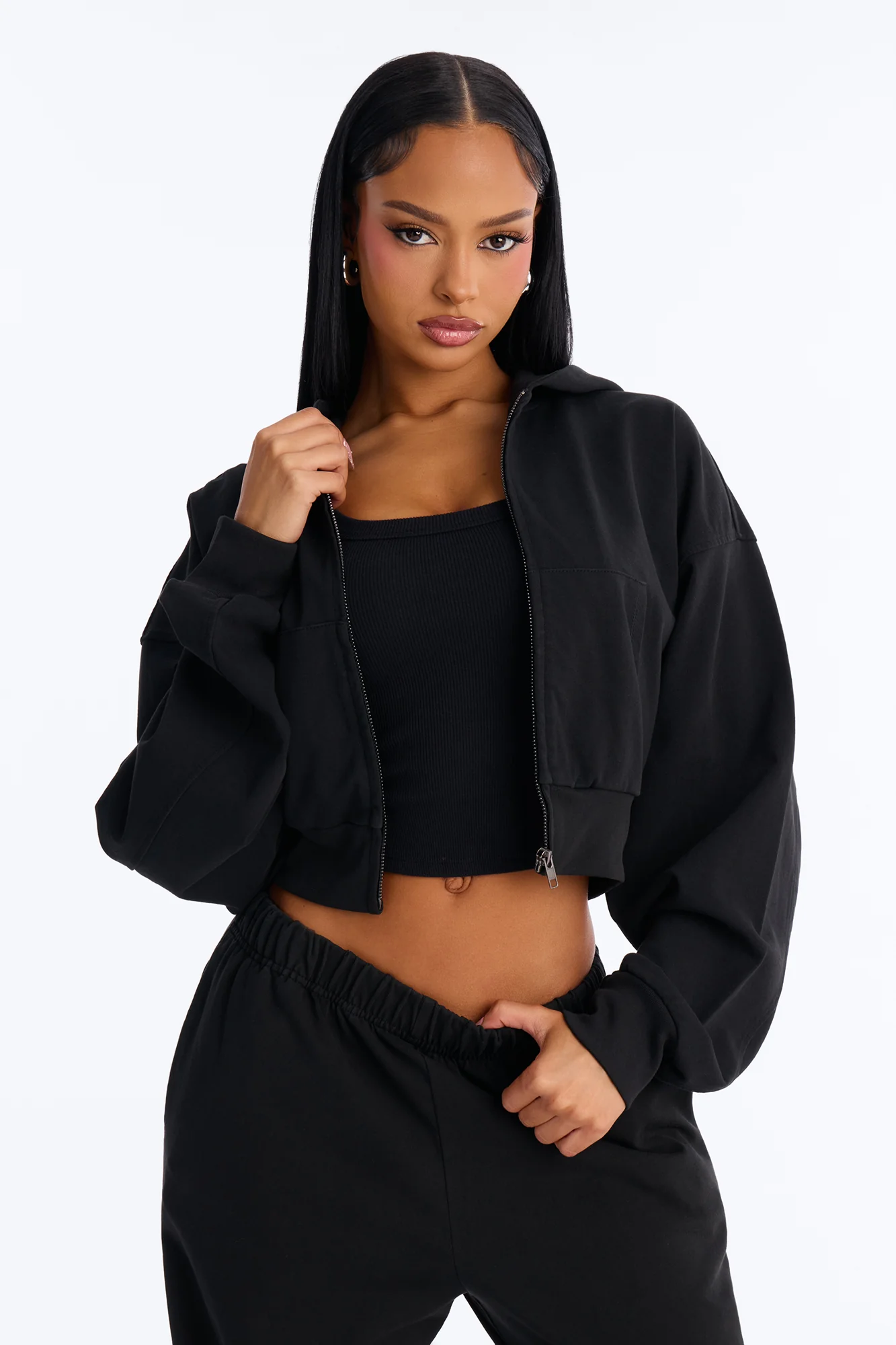 Mylie Cropped Zip Hoodie - Black