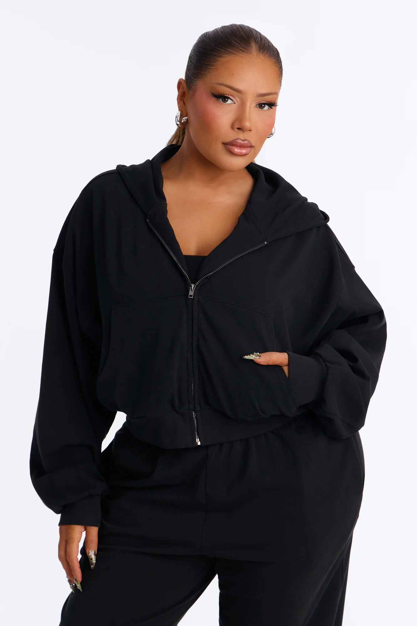 Mylie Cropped Zip Hoodie - Black - Image 5