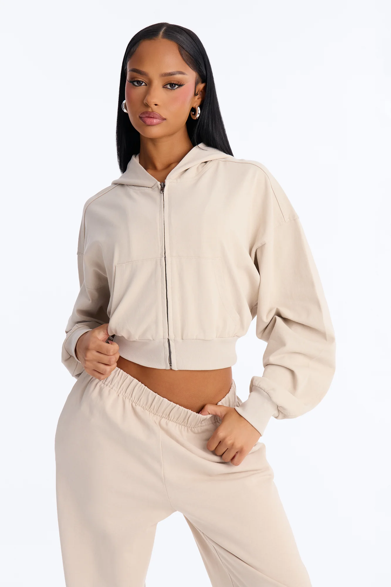 Mylie Cropped Zip Hoodie - Stone