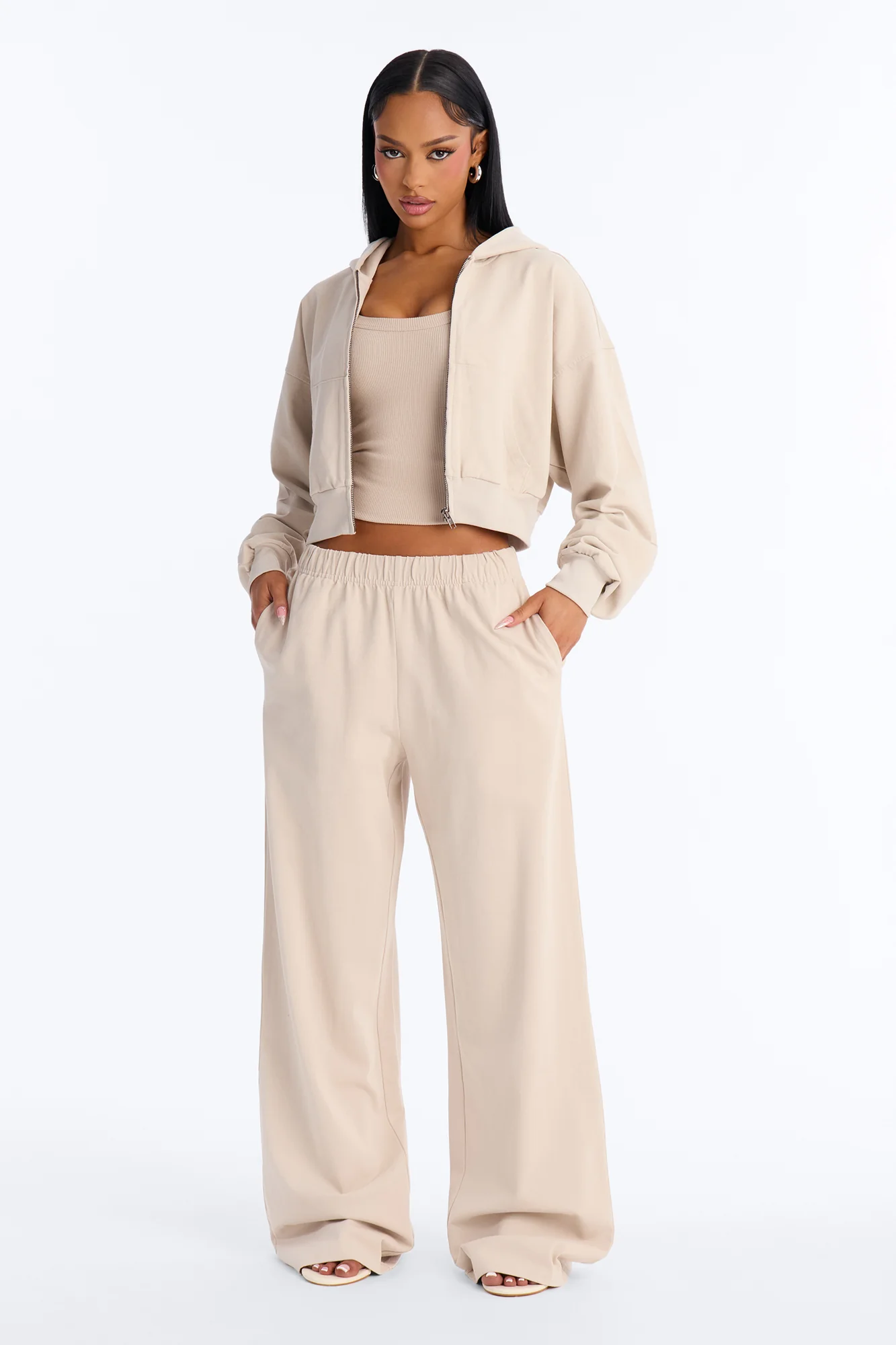 Mylie Cropped Zip Hoodie - Stone - Image 2