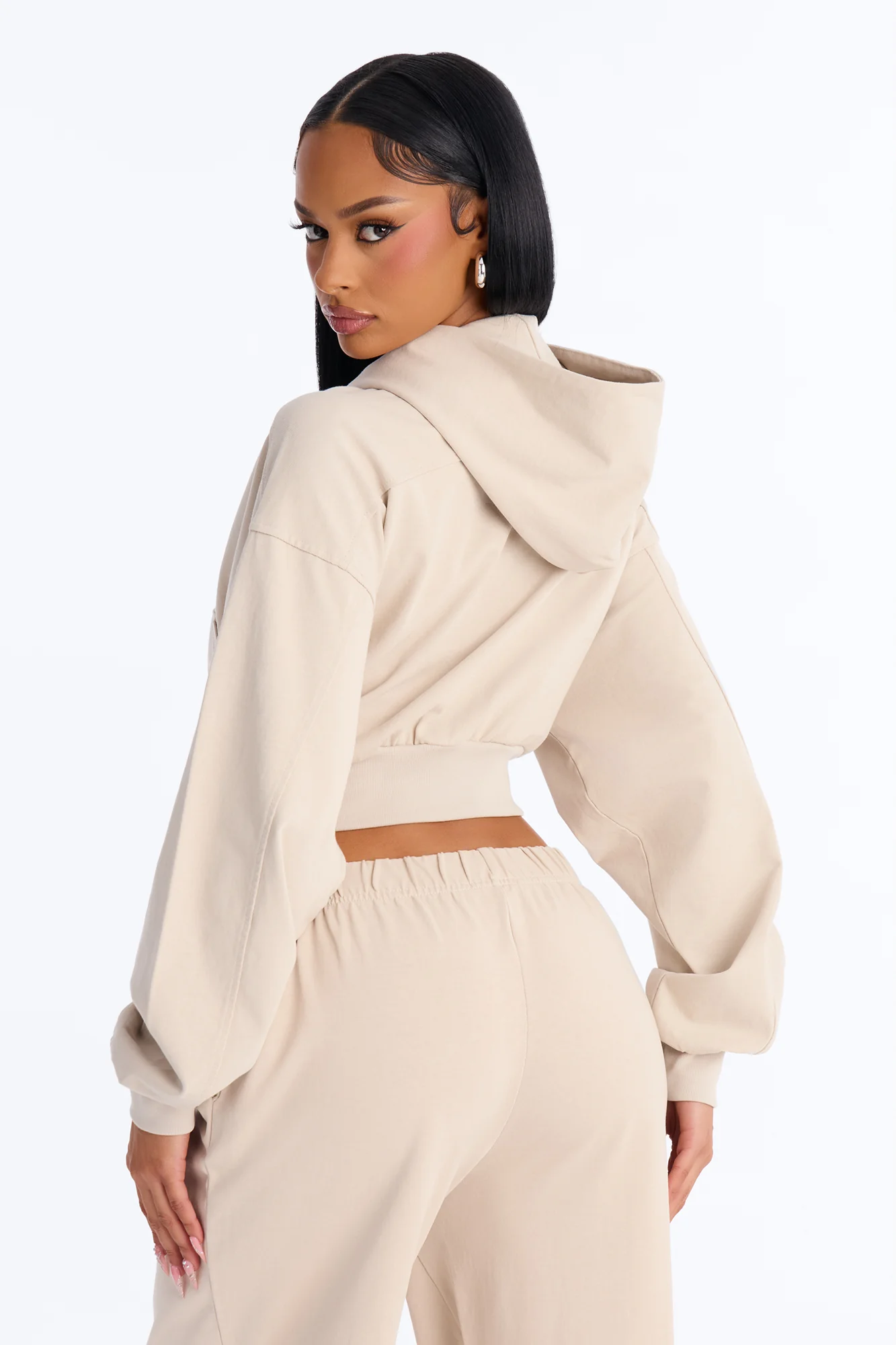 Mylie Cropped Zip Hoodie - Stone - Image 4