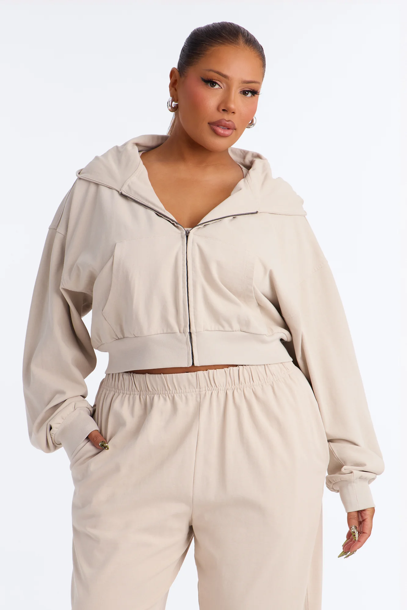 Mylie Cropped Zip Hoodie - Stone - Image 5