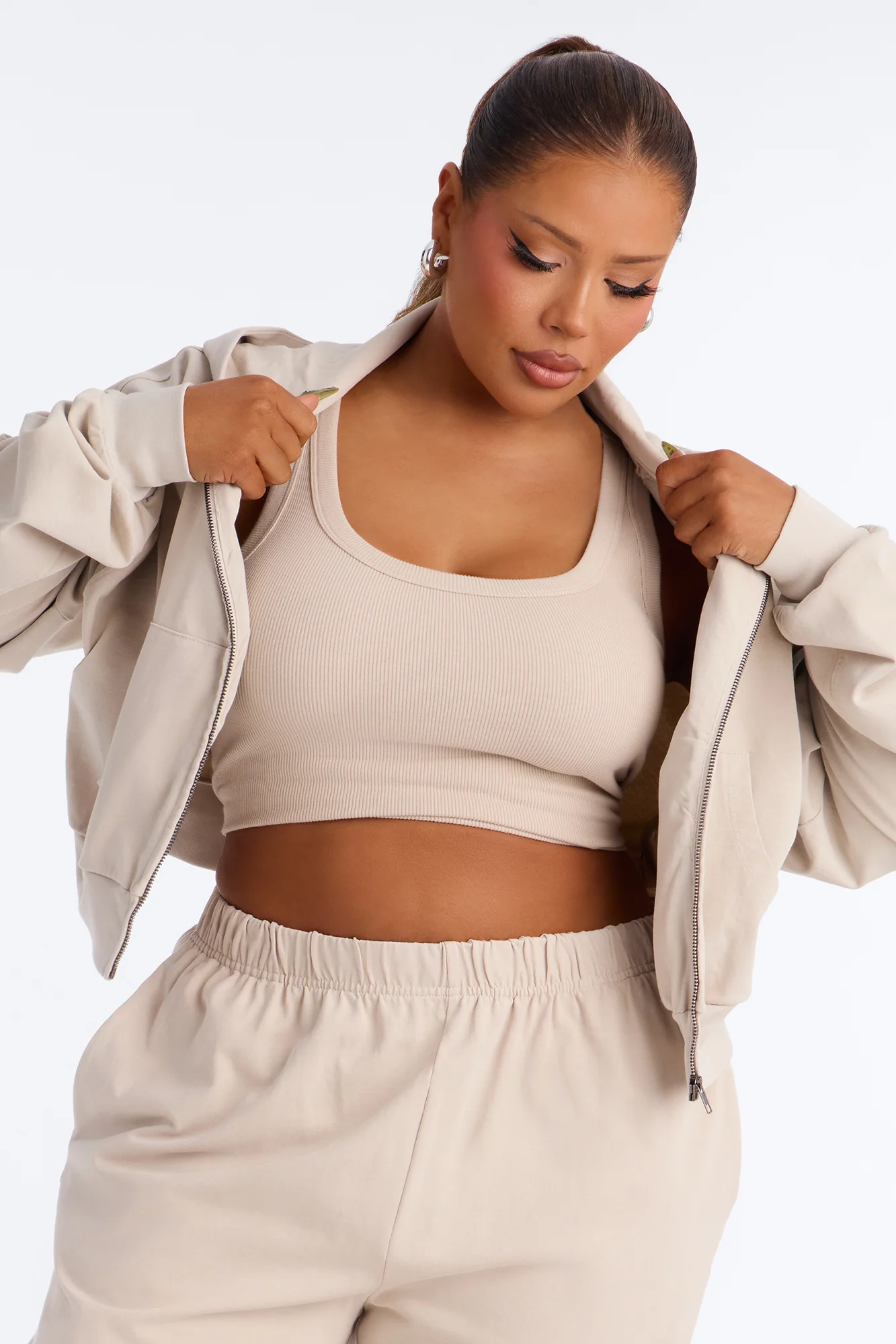Mylie Cropped Zip Hoodie - Stone - Image 7