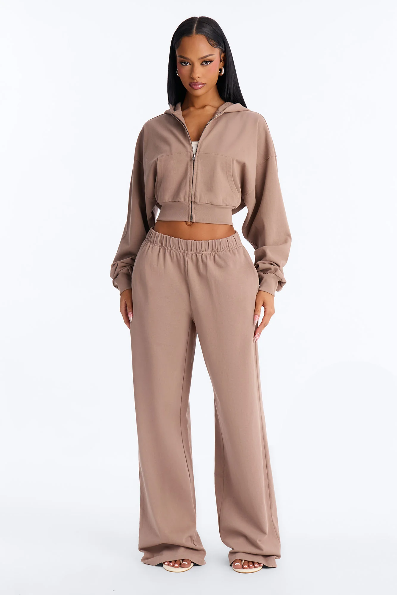 Mylie Cropped Zip Hoodie - Taupe - Image 2