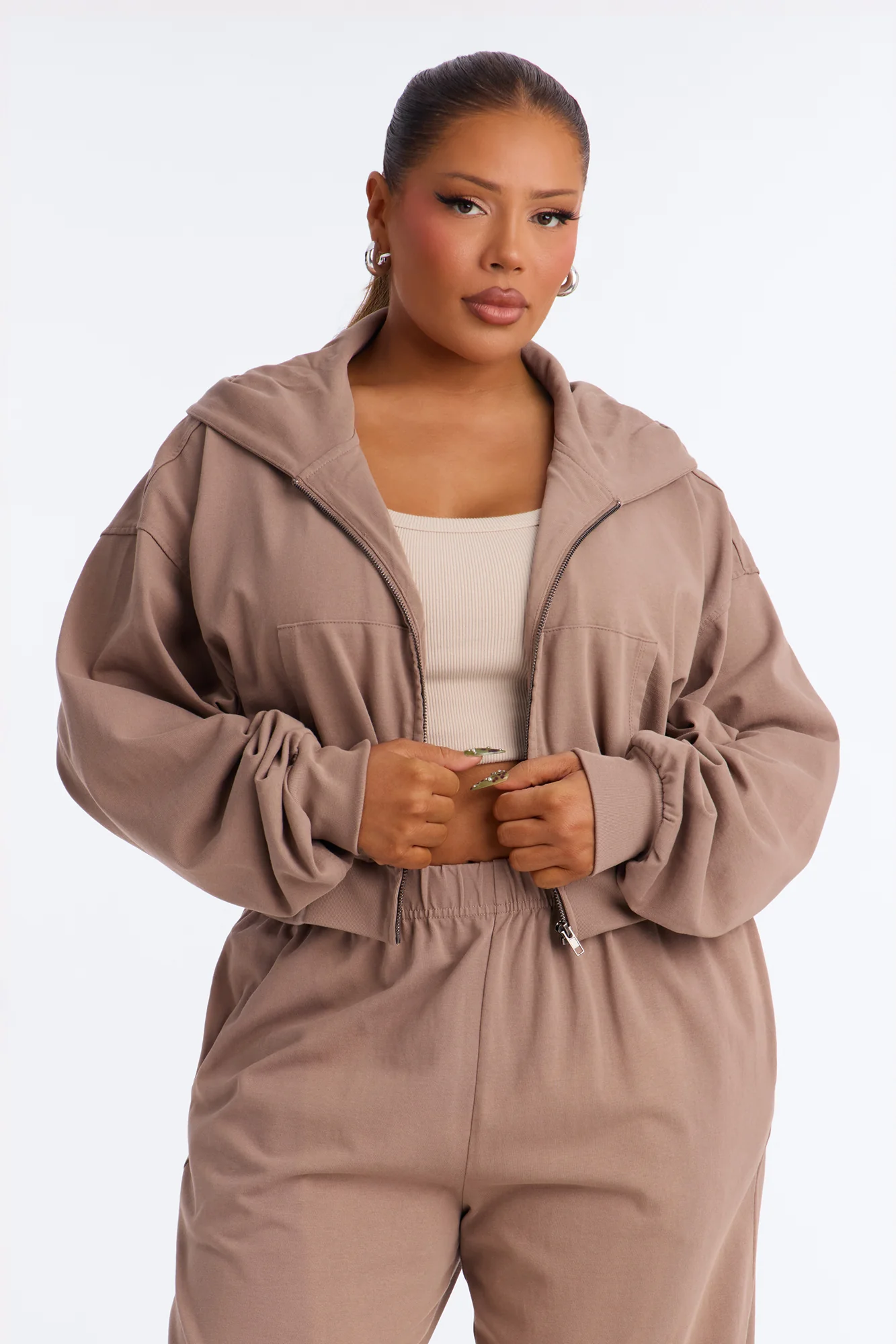 Mylie Cropped Zip Hoodie - Taupe - Image 5