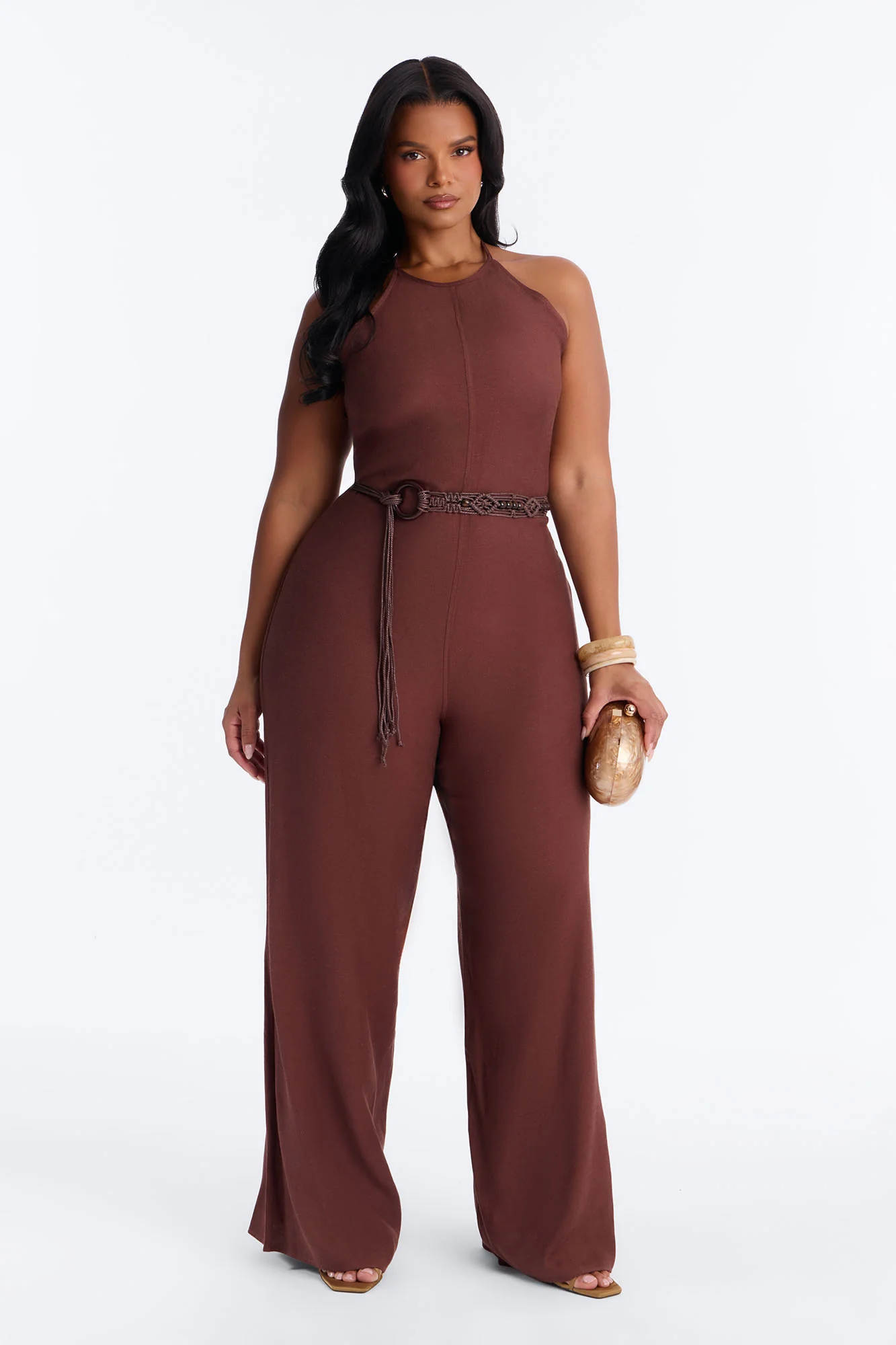 Myrah Linen Wide Leg Belted Jumpsuit - Chocolate - Image 5