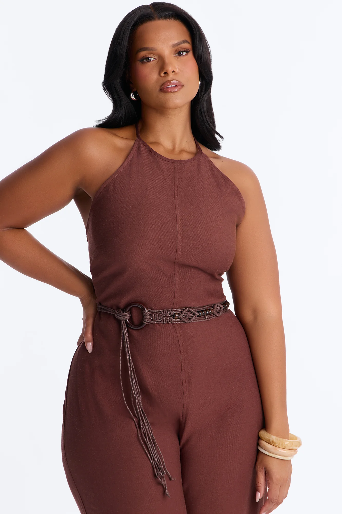Myrah Linen Wide Leg Belted Jumpsuit - Chocolate - Image 6