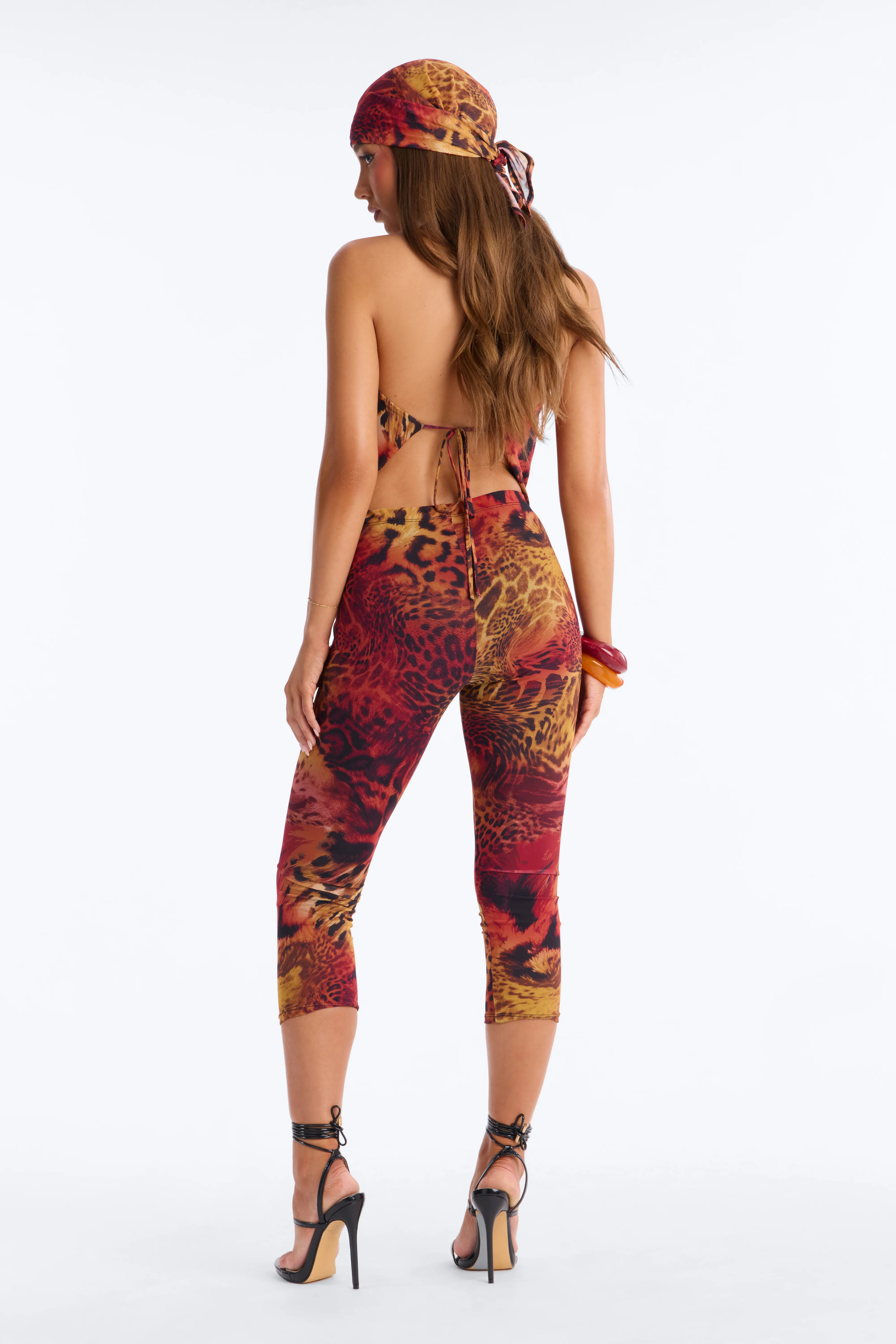 Nadia Leopard Mesh 3 Piece Capri Set - Orange/combo - Image 4