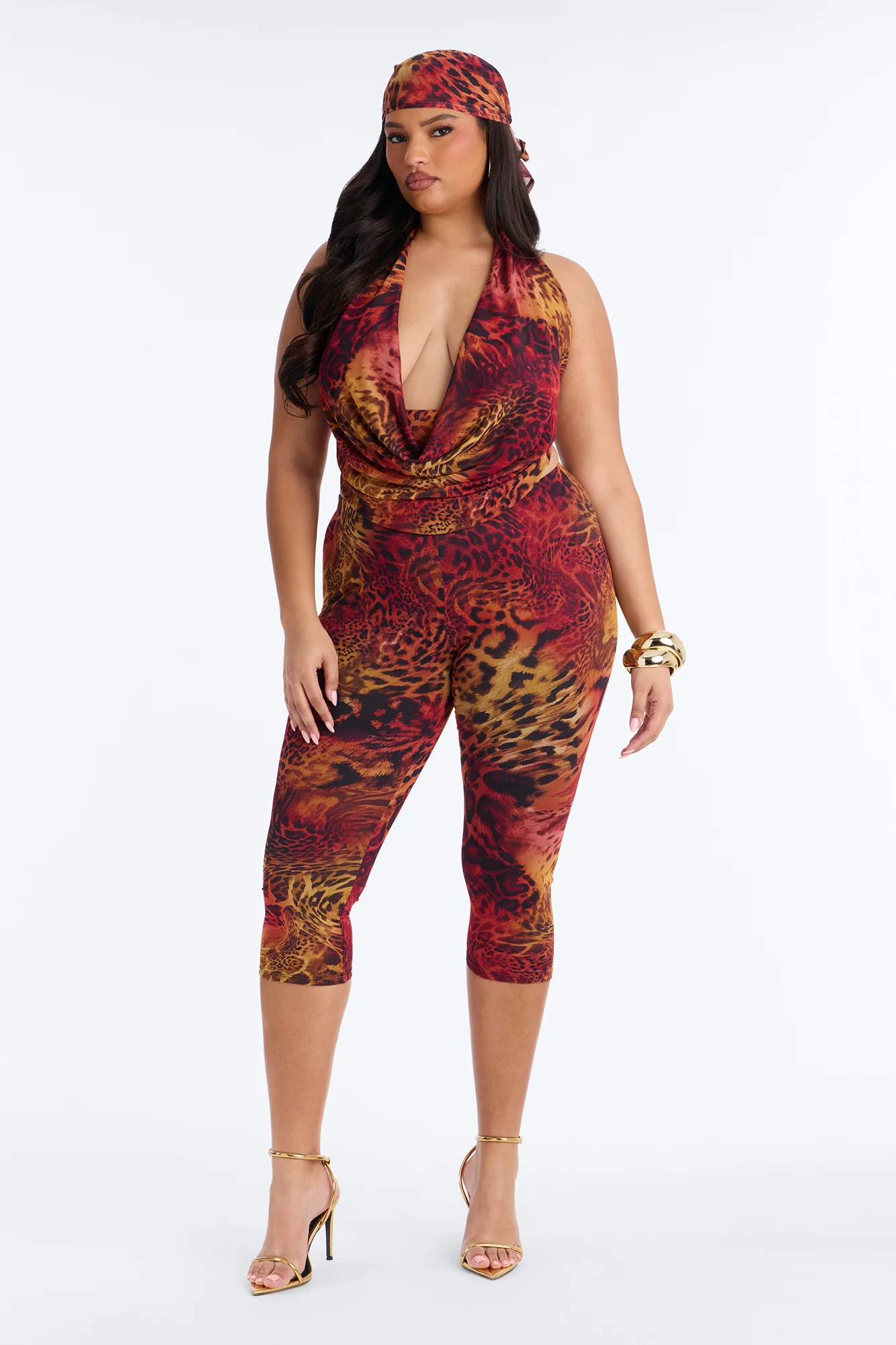 Nadia Leopard Mesh 3 Piece Capri Set - Orange/combo - Image 5