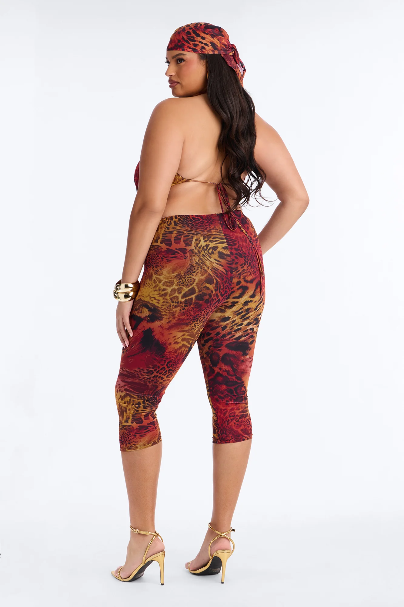 Nadia Leopard Mesh 3 Piece Capri Set - Orange/combo - Image 8
