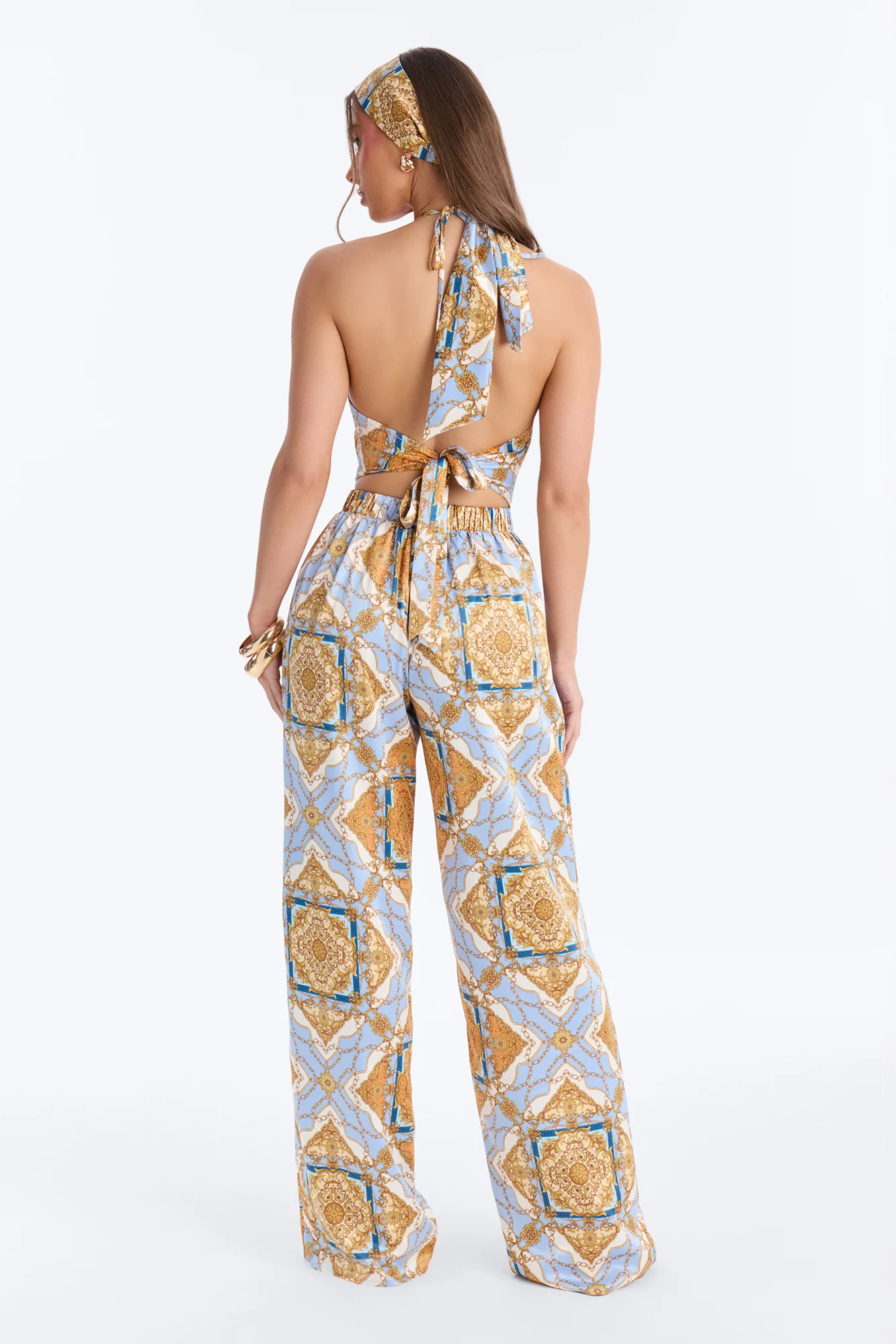 Nadia Satin 3 Piece Pant Set - Blue/combo - Image 4