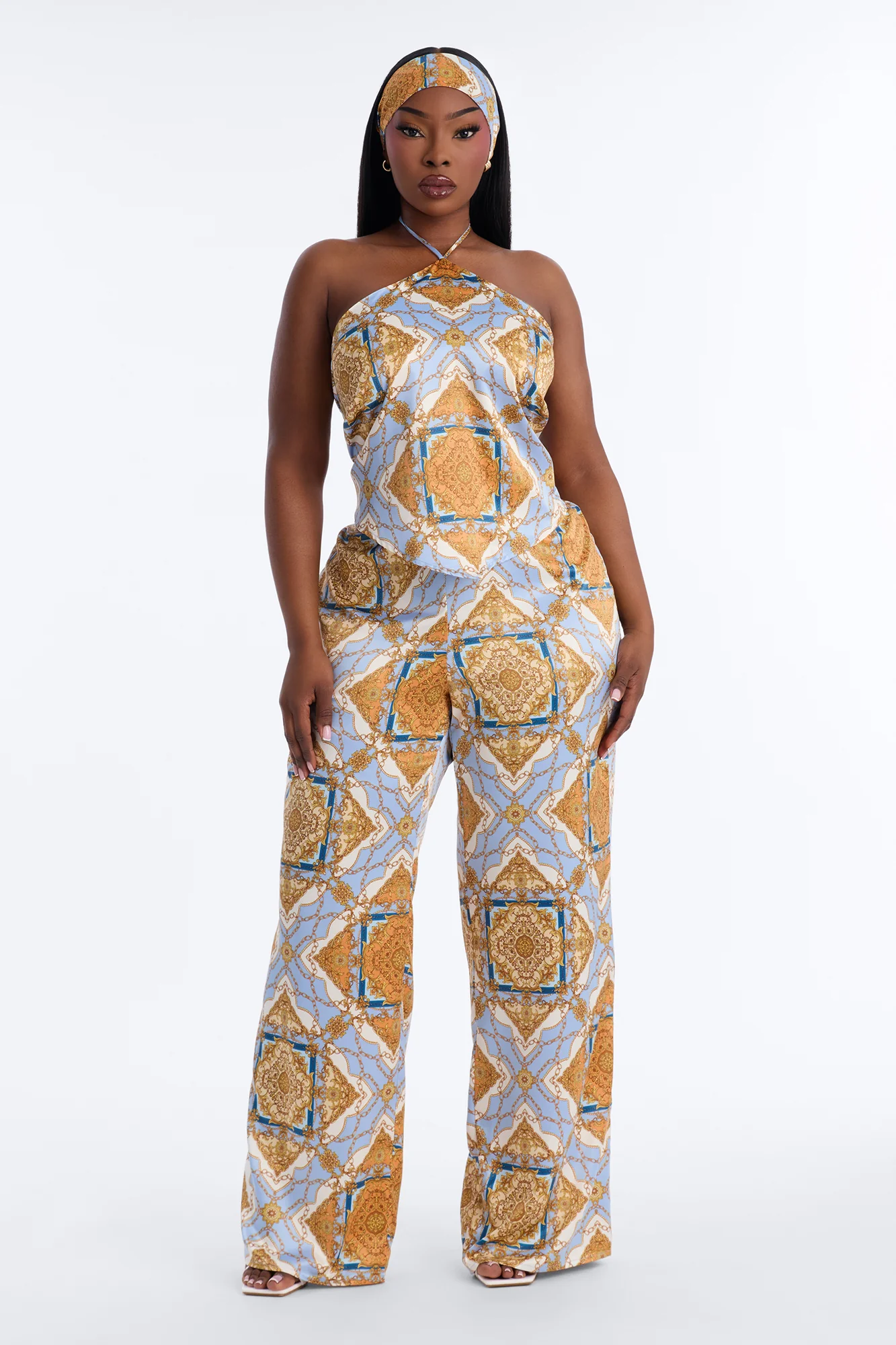 Nadia Satin 3 Piece Pant Set - Blue/combo - Image 5