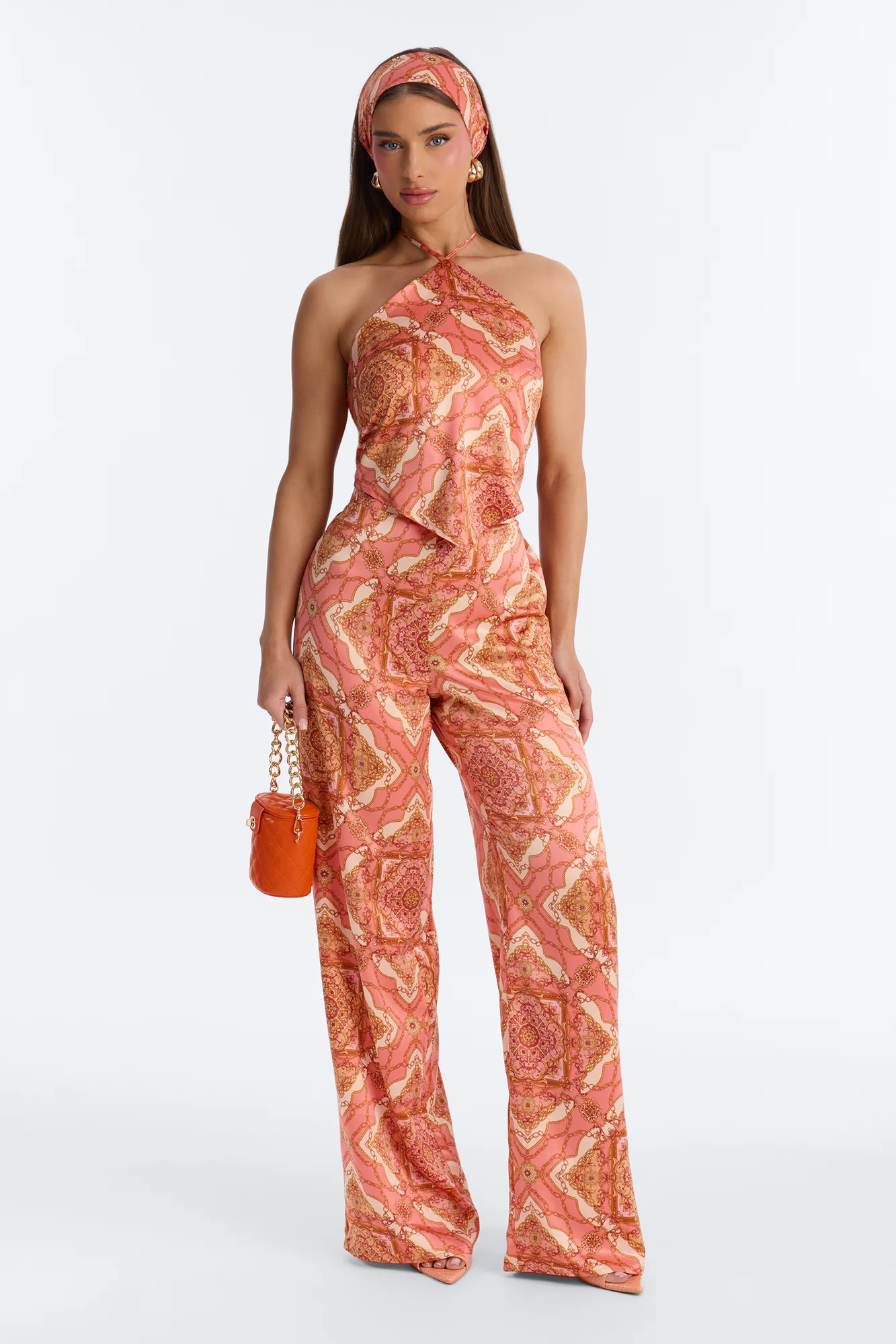 Nadia Satin 3 Piece Pant Set - Coral/combo