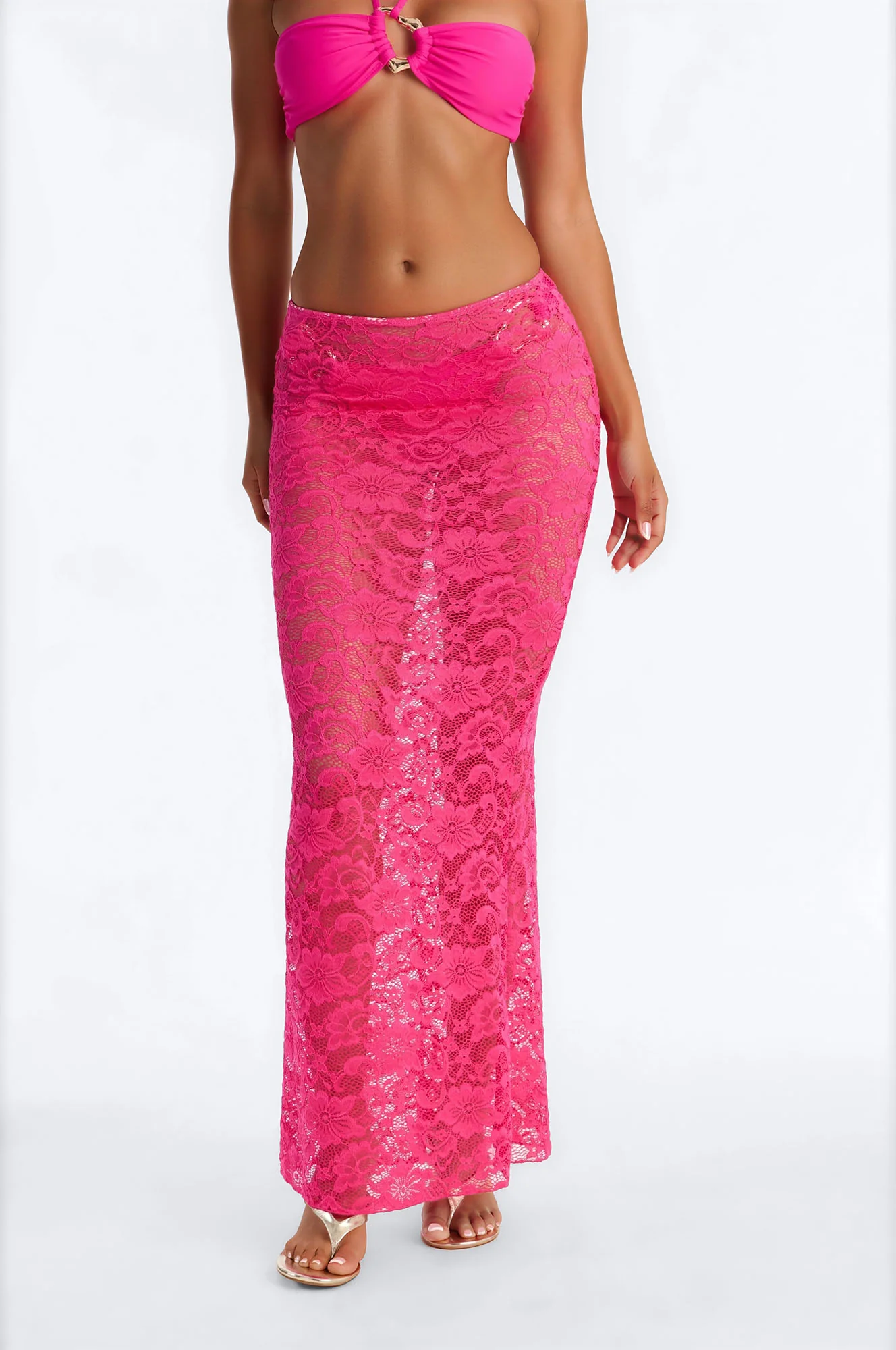 Naia 3 Piece Bandeau Bikini & Swim Cover Up Lace Maxi Skirt Sunsuit - Fuchsia - Image 5