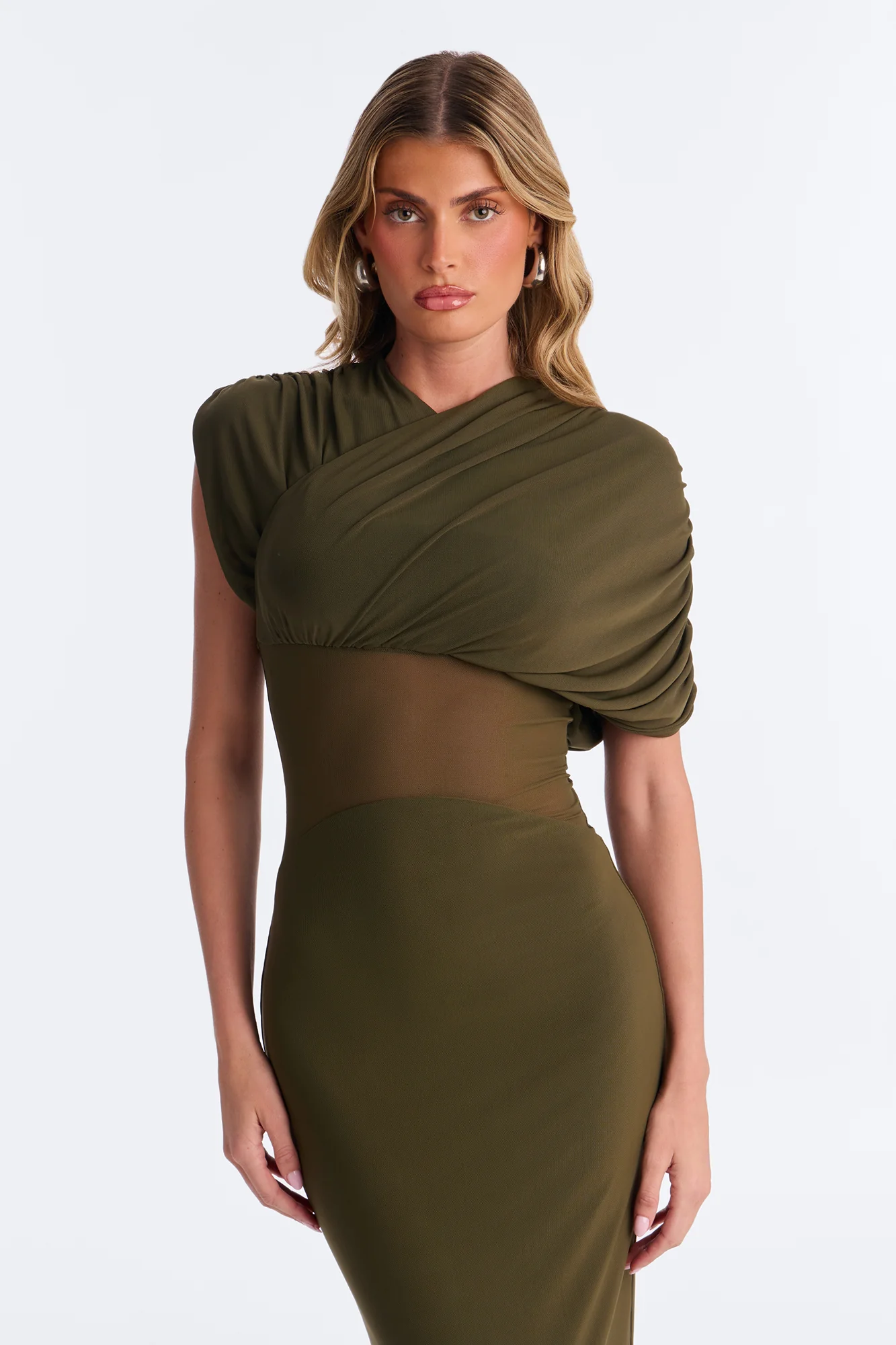 Naileah Draped Mesh Maxi Dress - Olive - Image 2