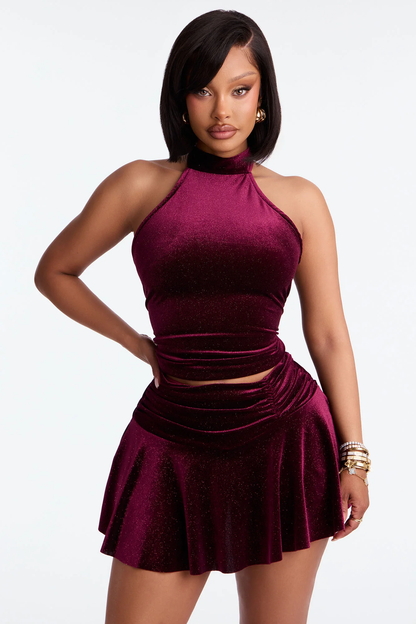 Naomi Shimmer Velvet Halter Skirt Set - Wine - Image 2