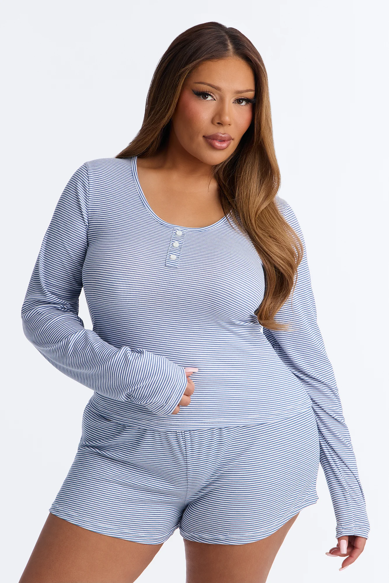 Nap With Me Long Sleeve PJ Short Set - Slate Blue - Image 4