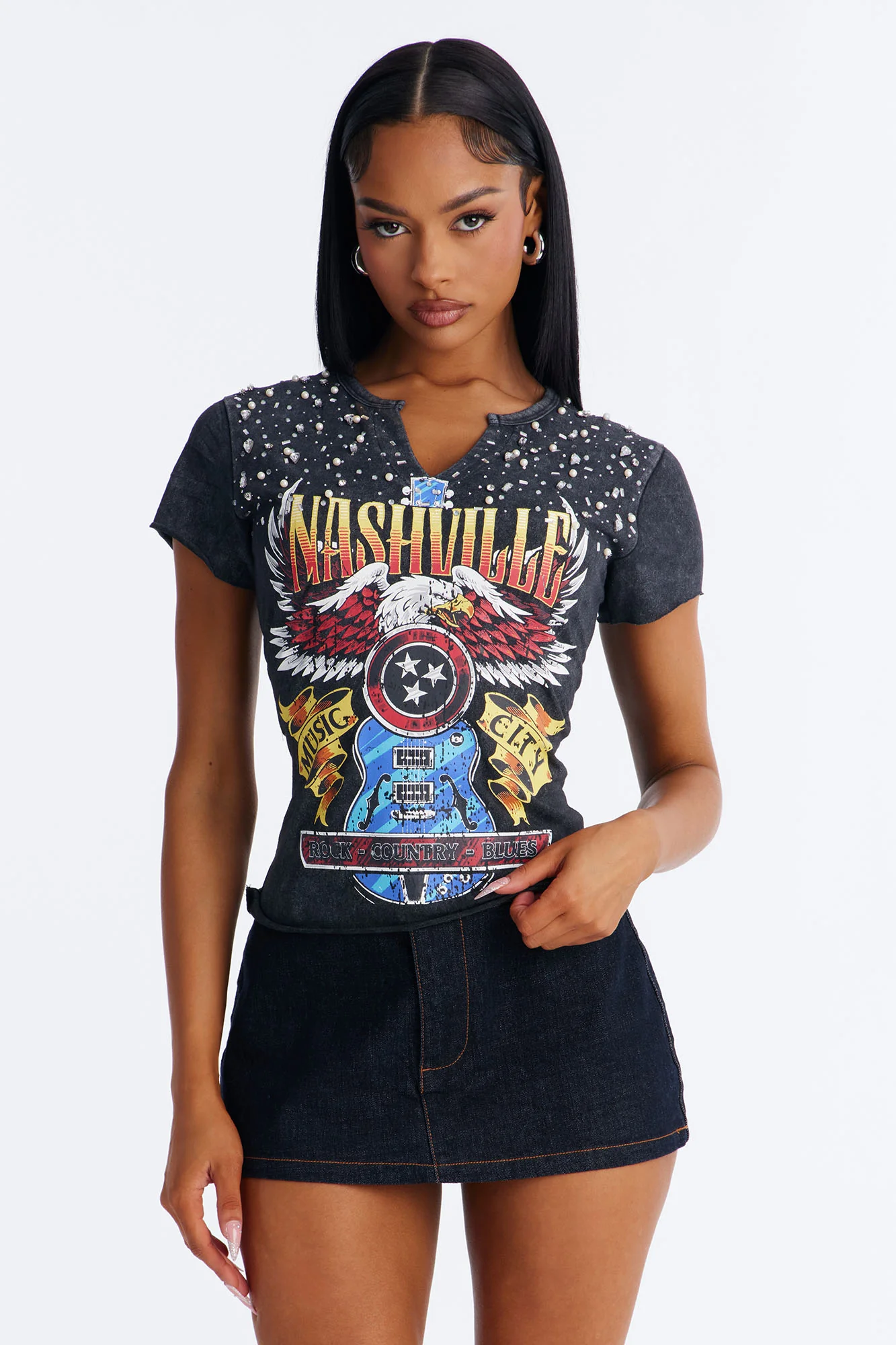 Nashville Rhinestone Music City Washed Top - Black Wash