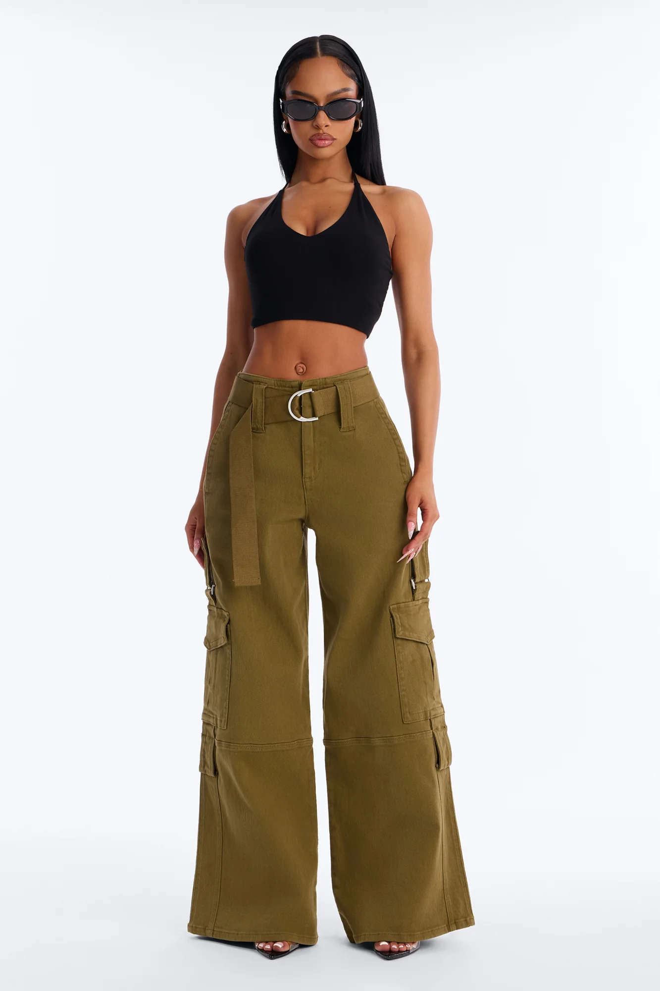 Natalia High Rise Cargo Belted Wide Leg Pant 33″ - Olive - Image 2