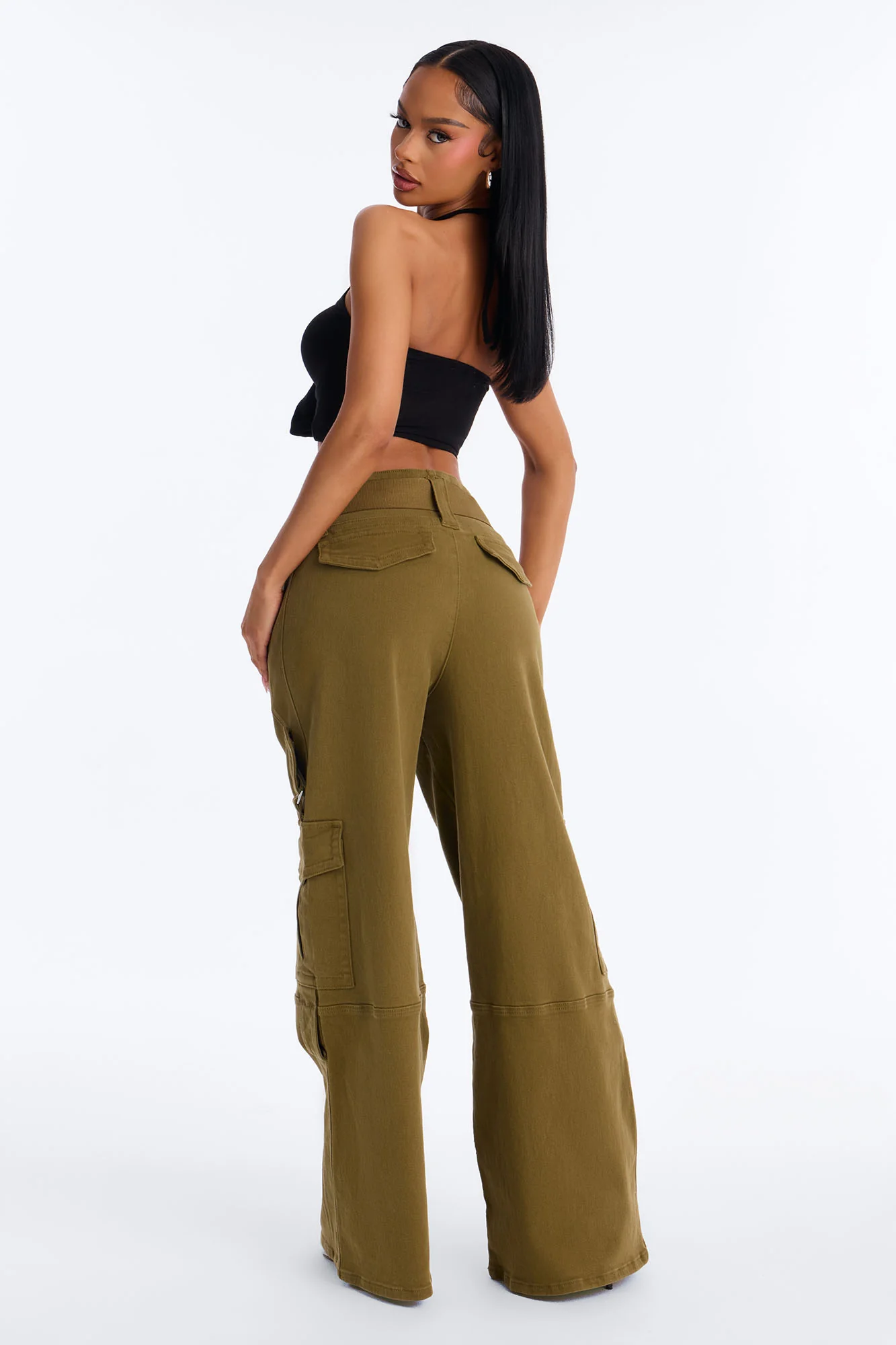 Natalia High Rise Cargo Belted Wide Leg Pant 33″ - Olive - Image 4