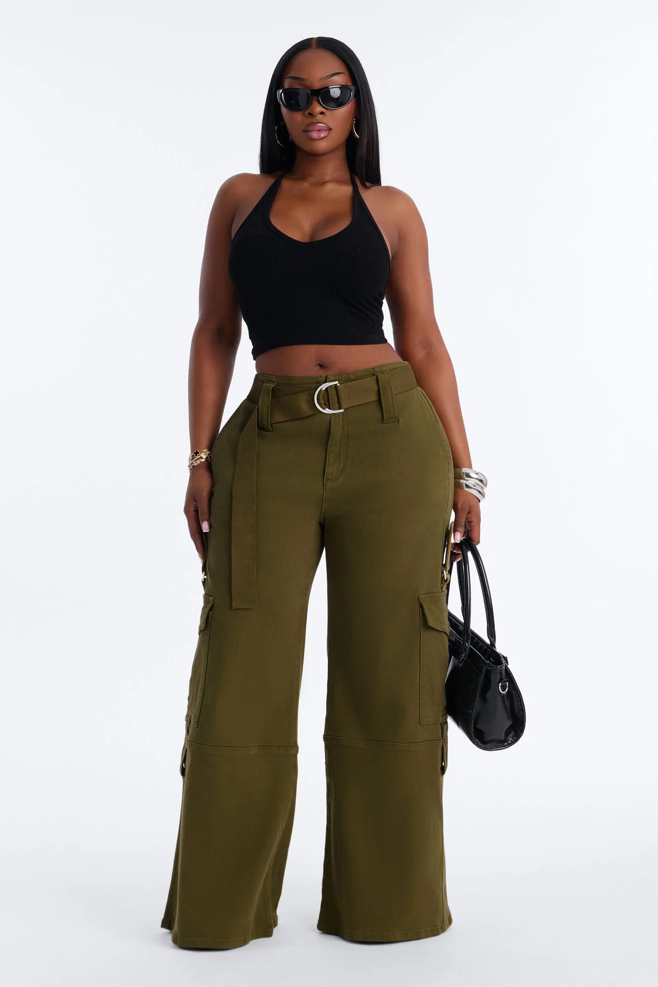 Natalia High Rise Cargo Belted Wide Leg Pant 33″ - Olive - Image 5