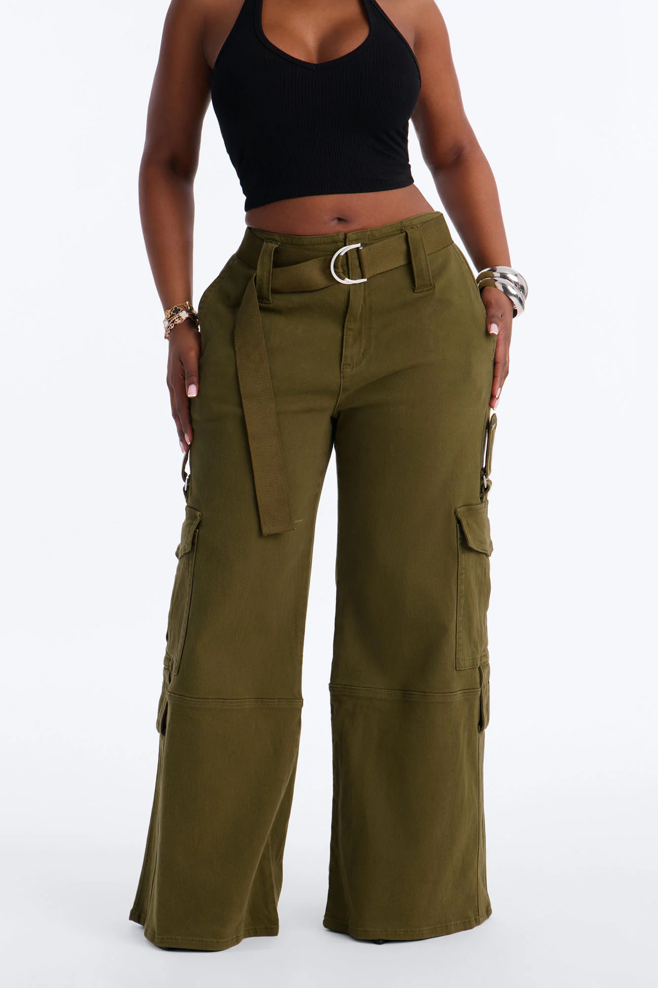 Natalia High Rise Cargo Belted Wide Leg Pant 33″ - Olive - Image 6