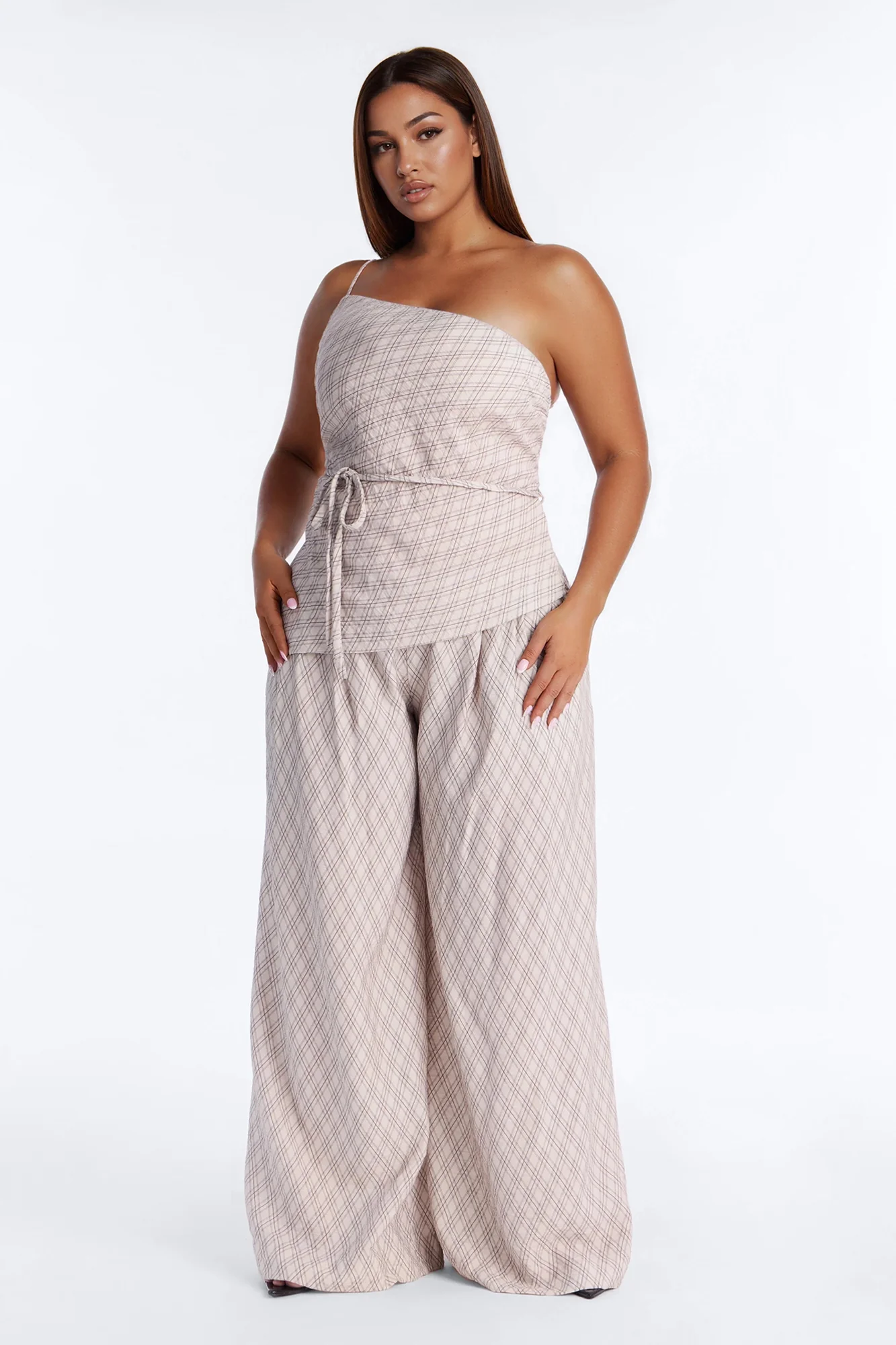 Natalia Plaid One Shoulder Pant Set - Cream/combo - Image 5