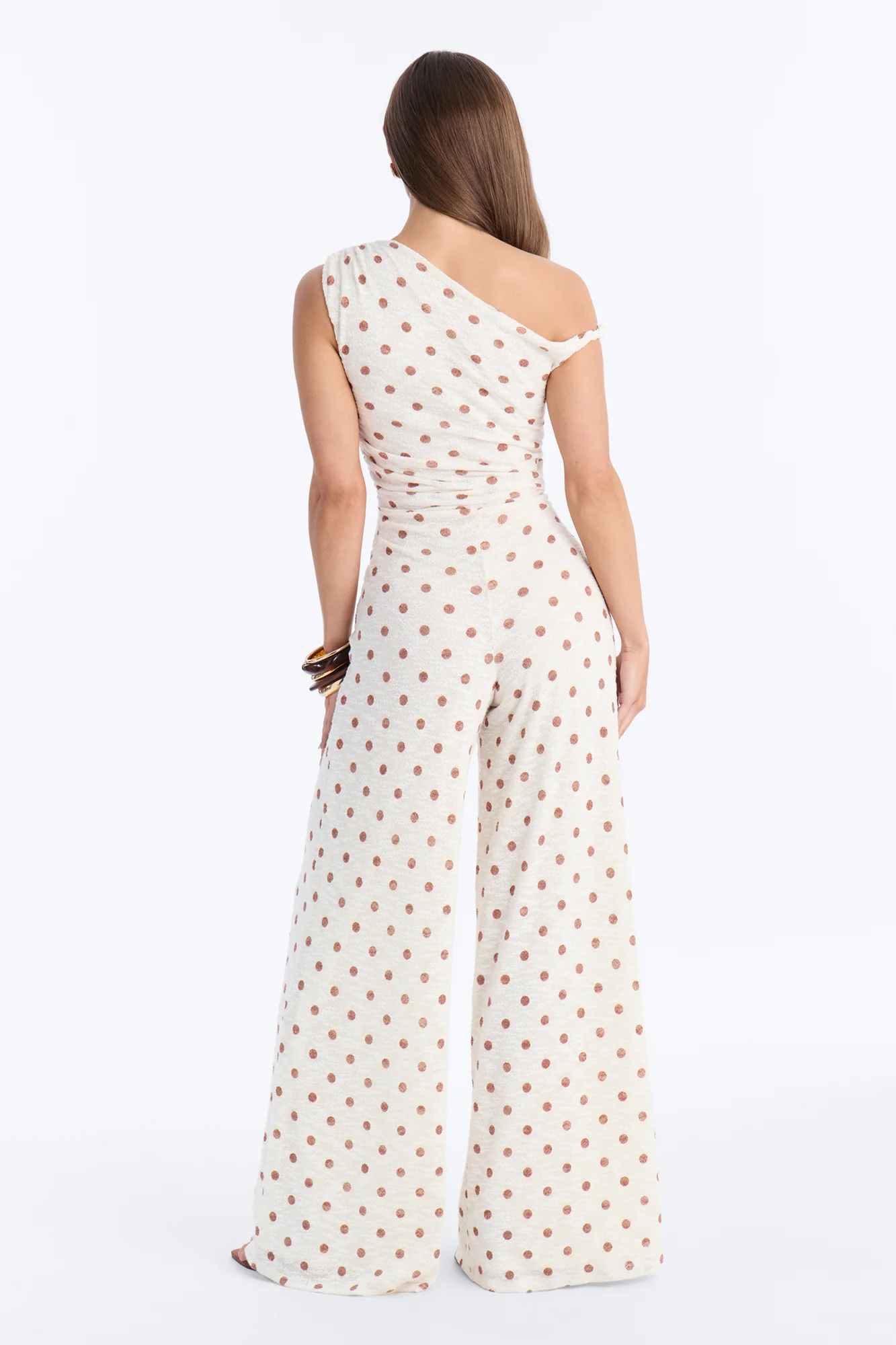 Natalia Polka Dot Knit Off Shoulder Jumpsuit - Cream - Image 4