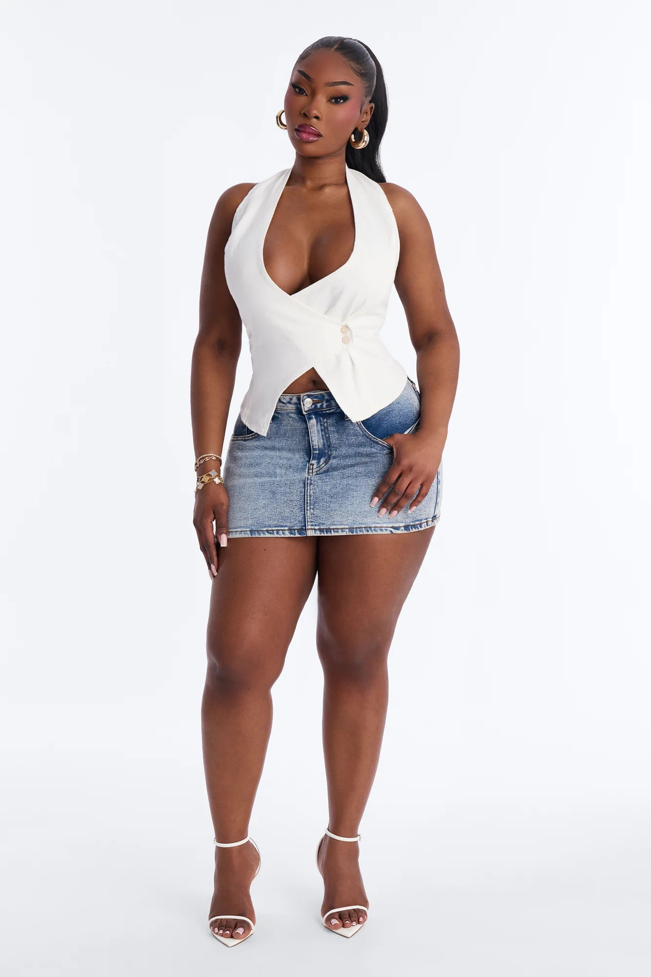 Natalia V Neck Denim Halter Top - White - Image 6