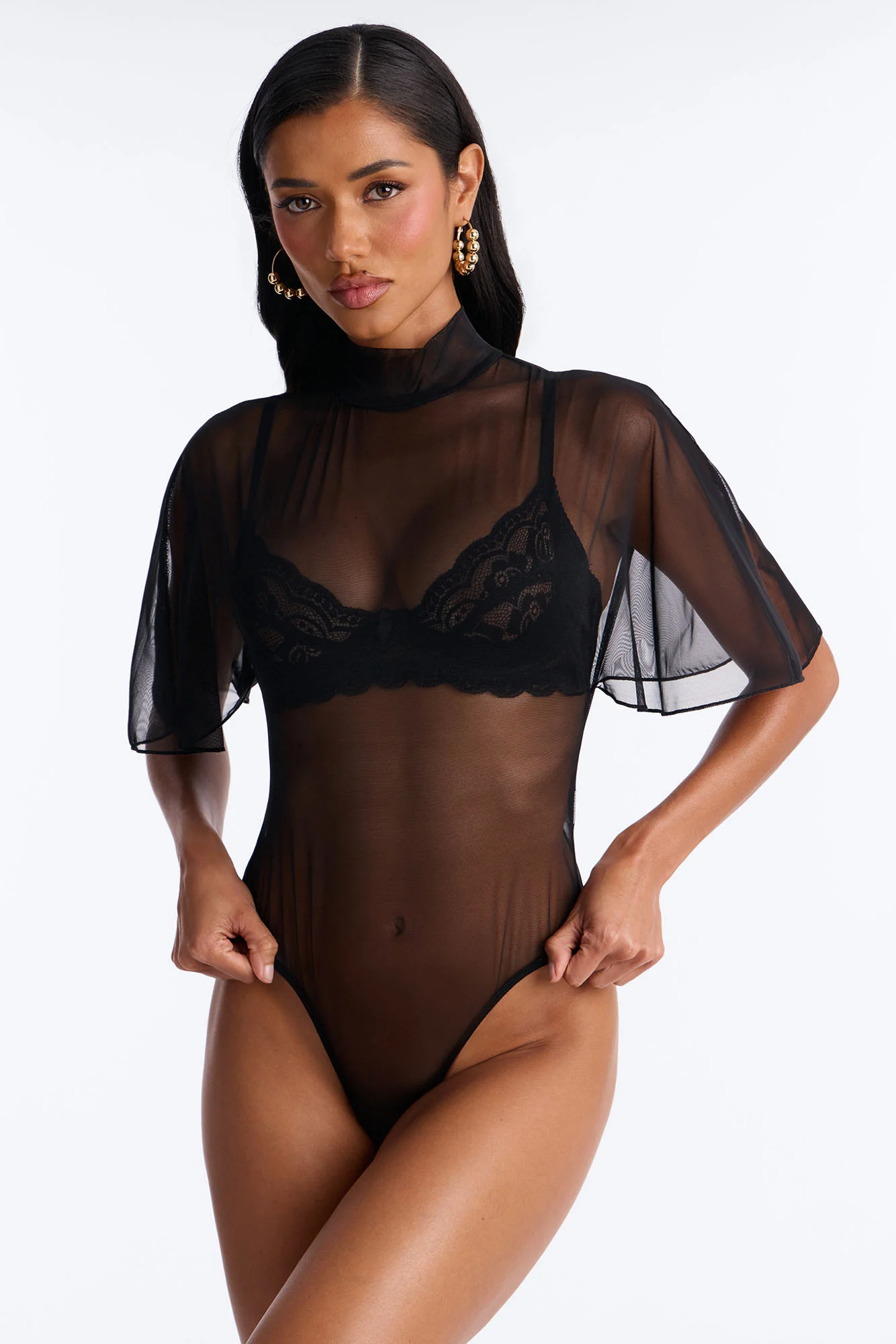 Natalie Mesh Mock Neck Ruffle Sleeve Bodysuit - Black
